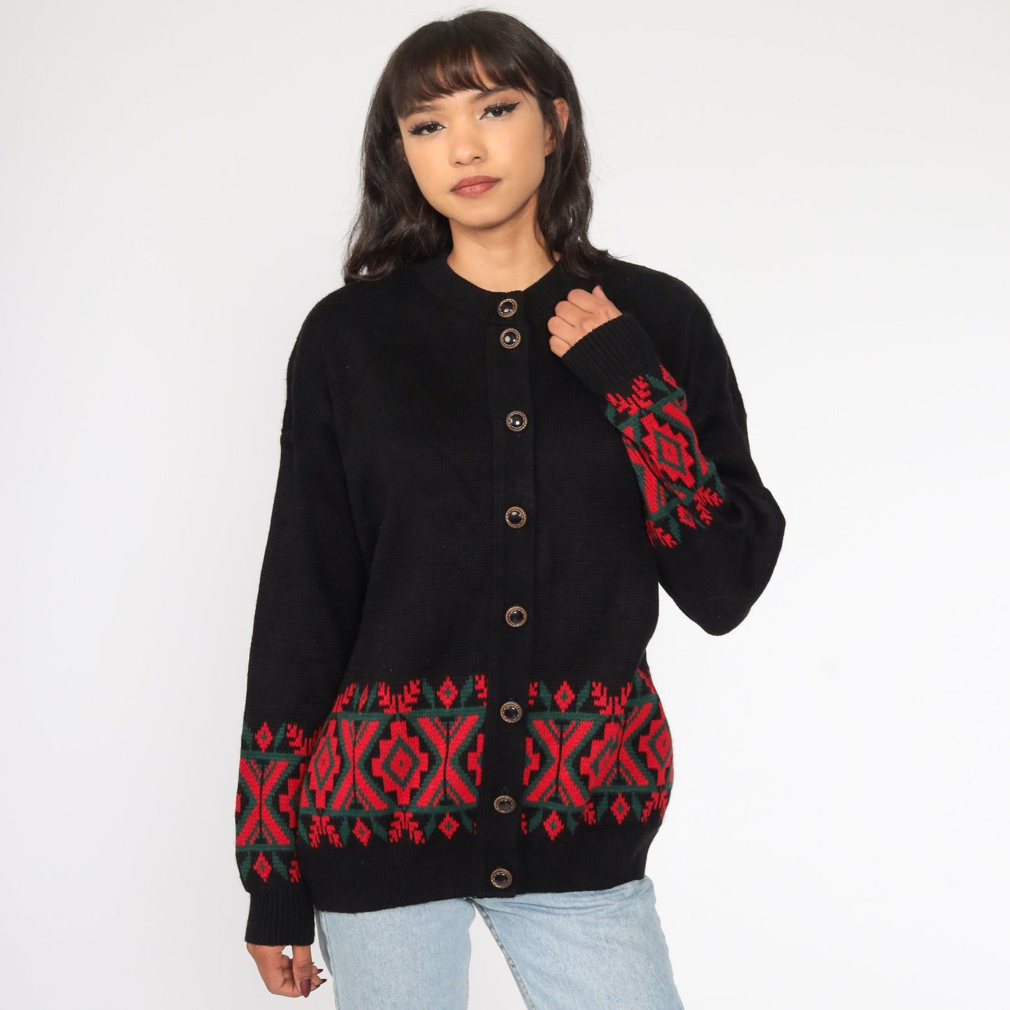 80s Southwestern Tribal Cardigan Black Red Knit Sweater Large