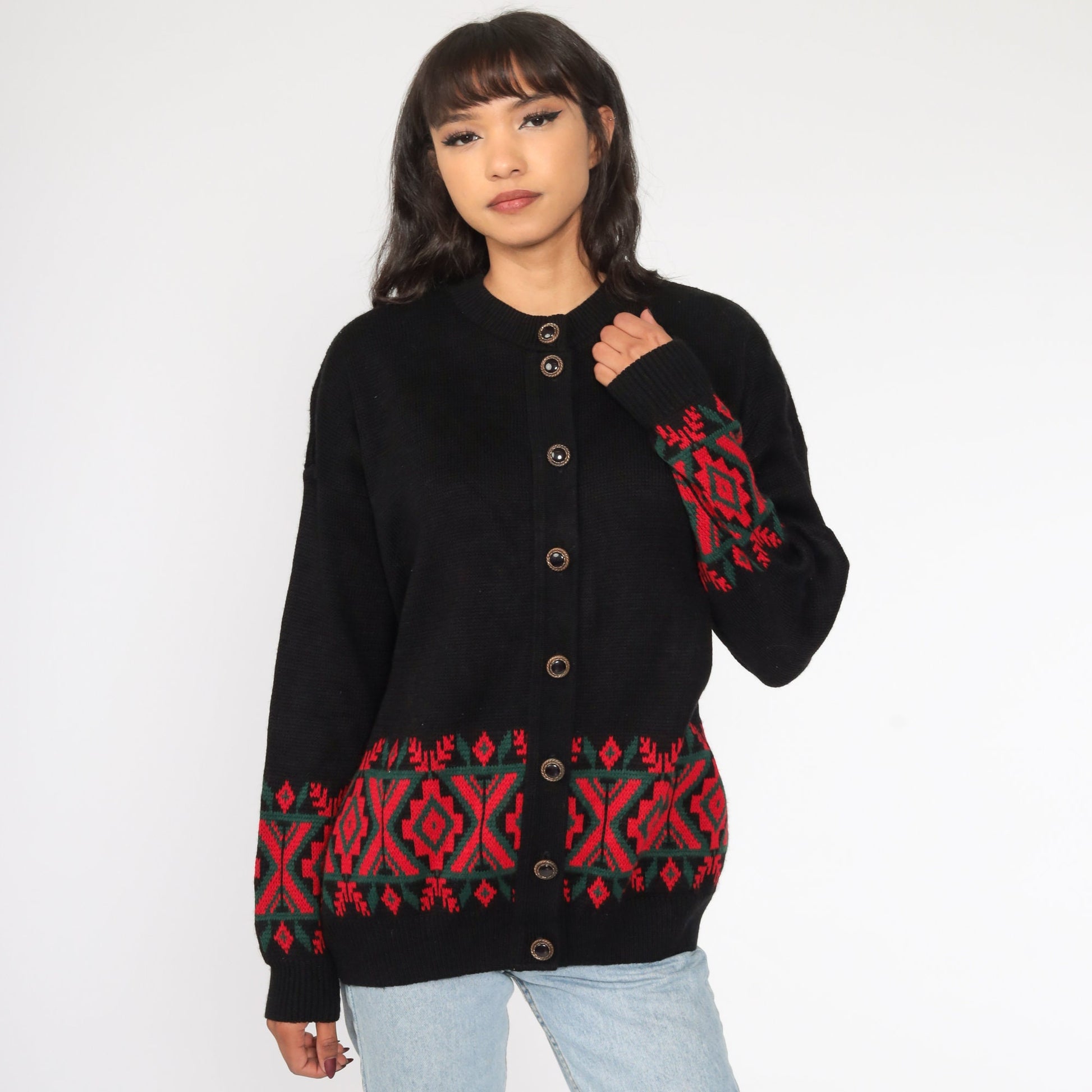 80s Southwestern Tribal Cardigan Black Red Knit Sweater Large
