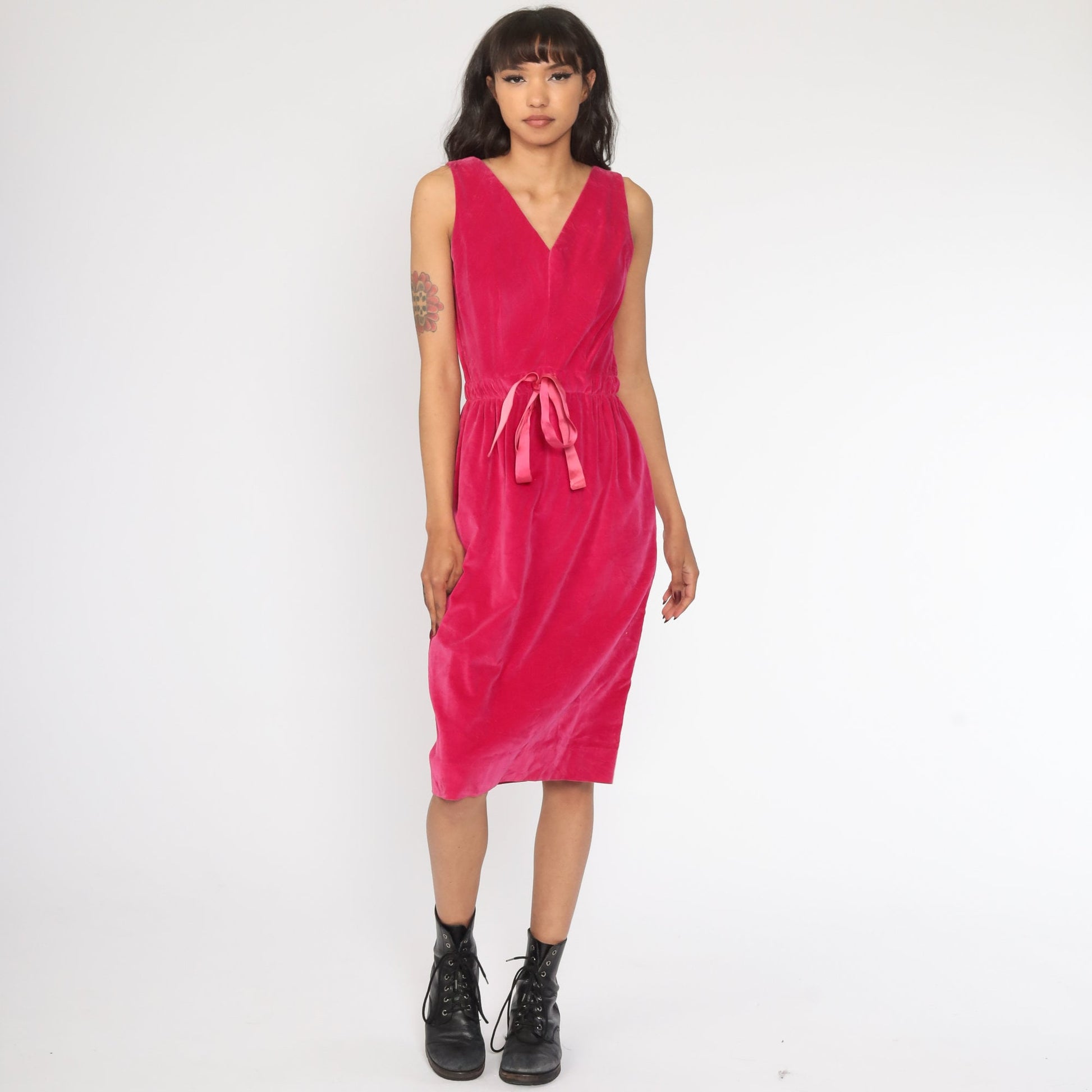 60s Pink Velvet Midi Dress Sheath V-Neck Small
