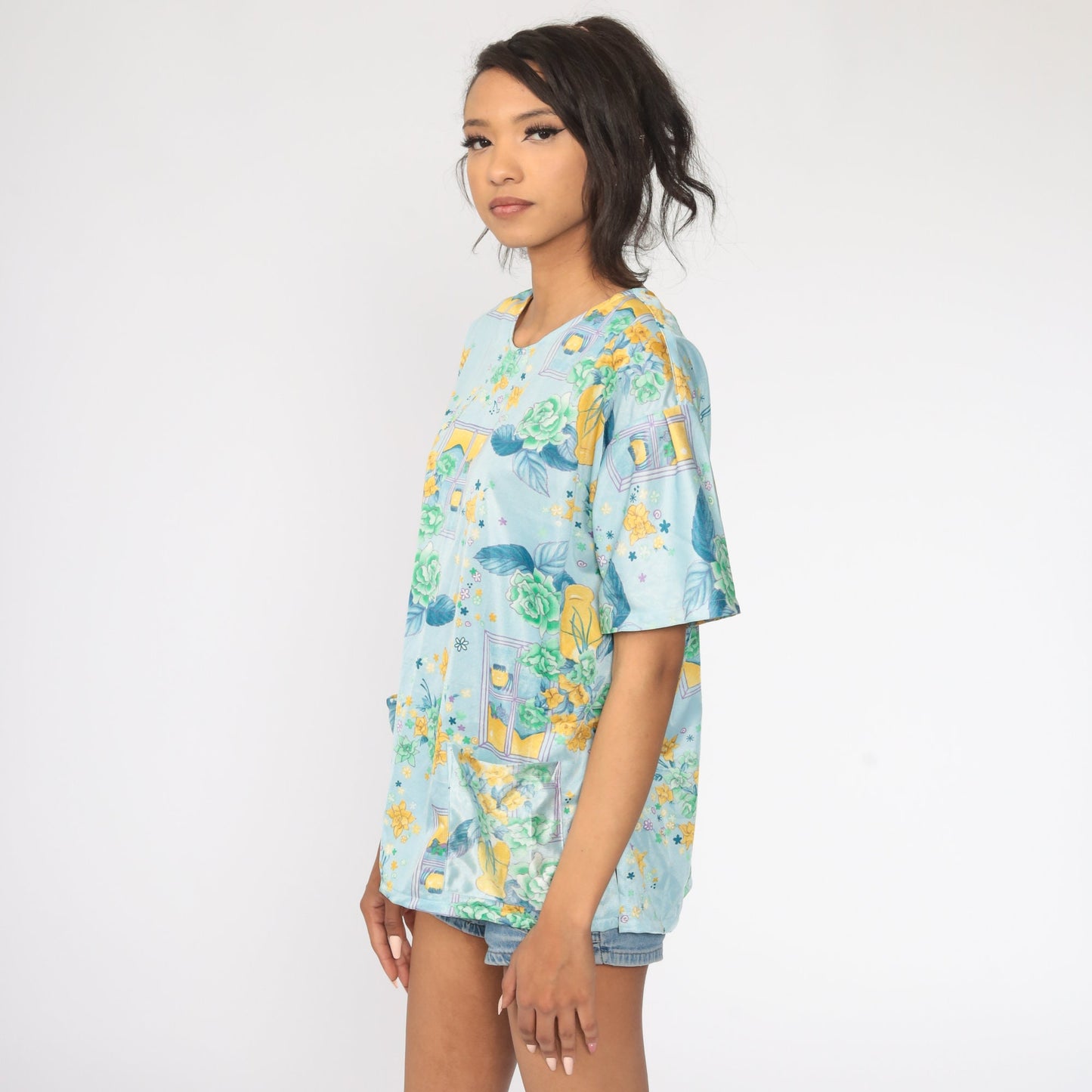 70s Floral Window Print Blouse Blue Short Sleeve Tunic Large