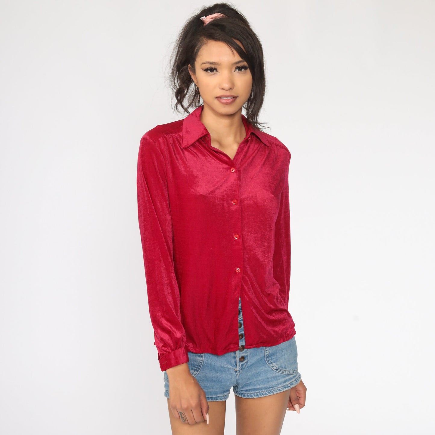 70s Velour Button-Up Shirt Raspberry Long Sleeve Small Medium