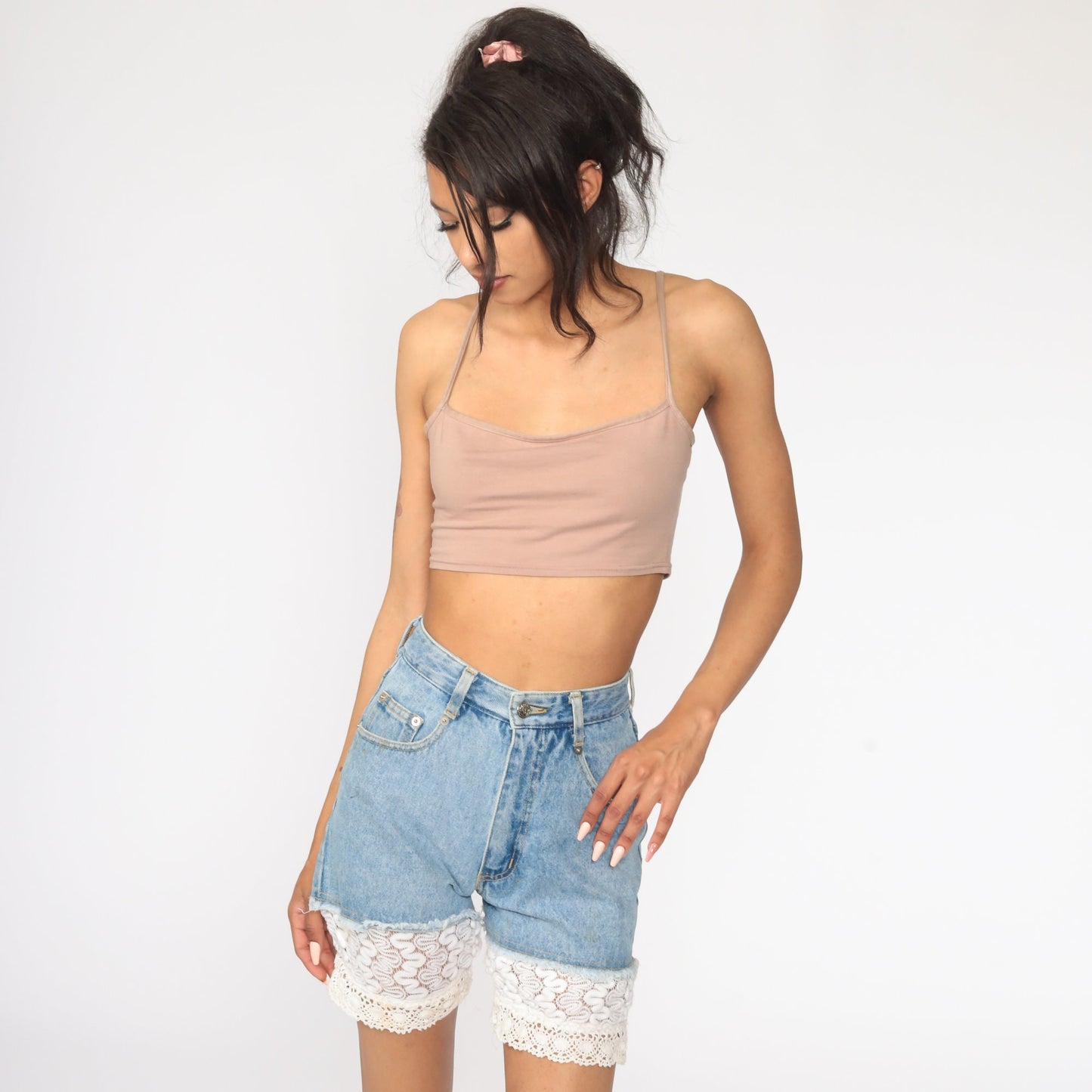 80s Lace Trim Denim Cutoff Shorts High Waist Blue Jean Shorts Extra Small