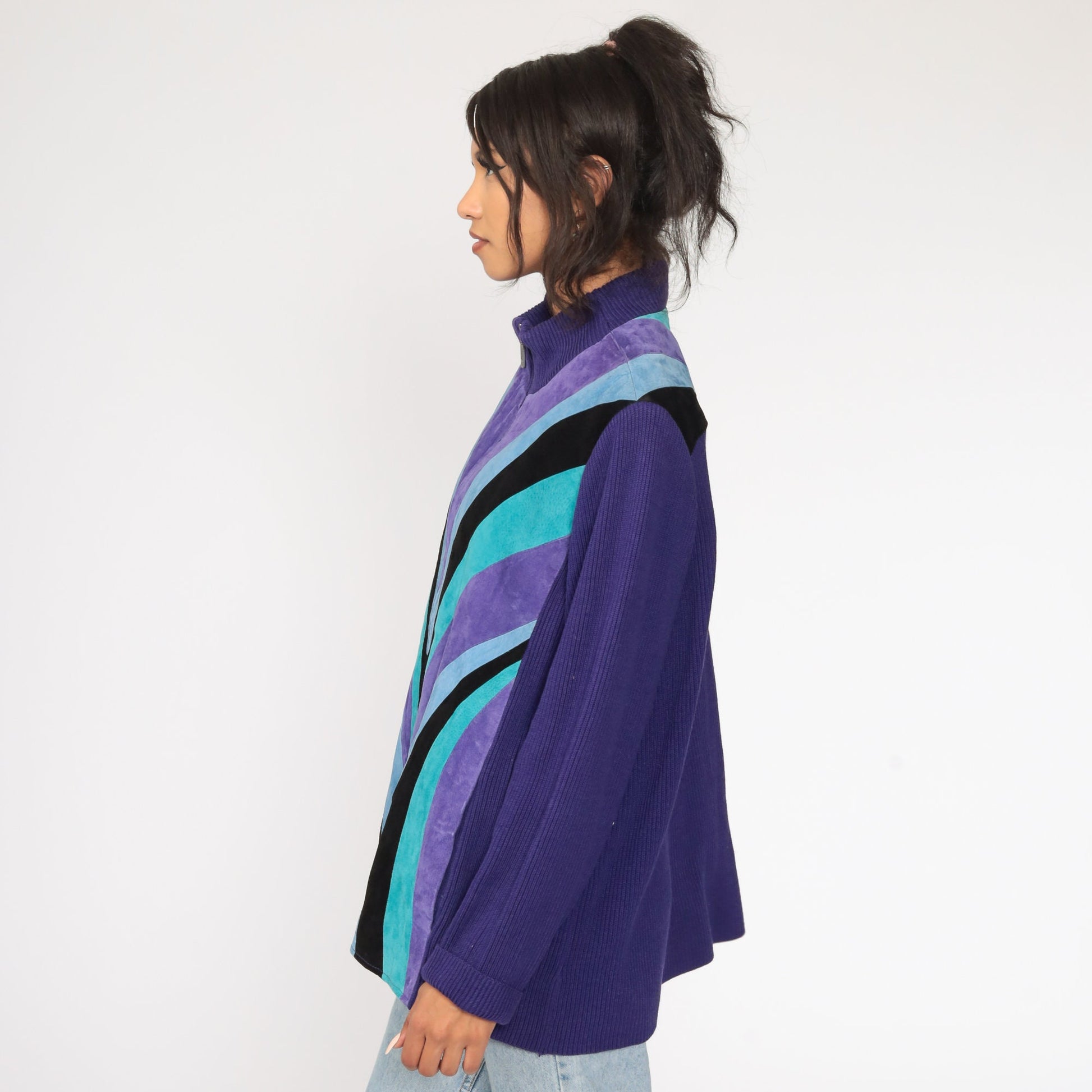 90s Purple Suede Striped Jacket Knit Sweater Jacket Extra Large XXL