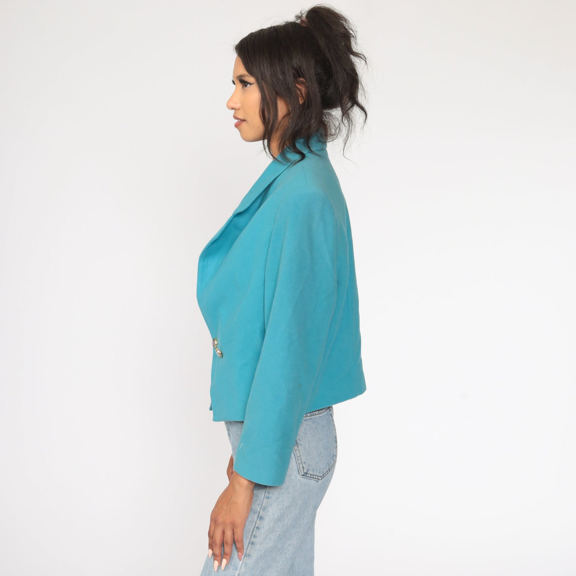 80s Turquoise Wool Blazer Tailored Jacket Collared Medium