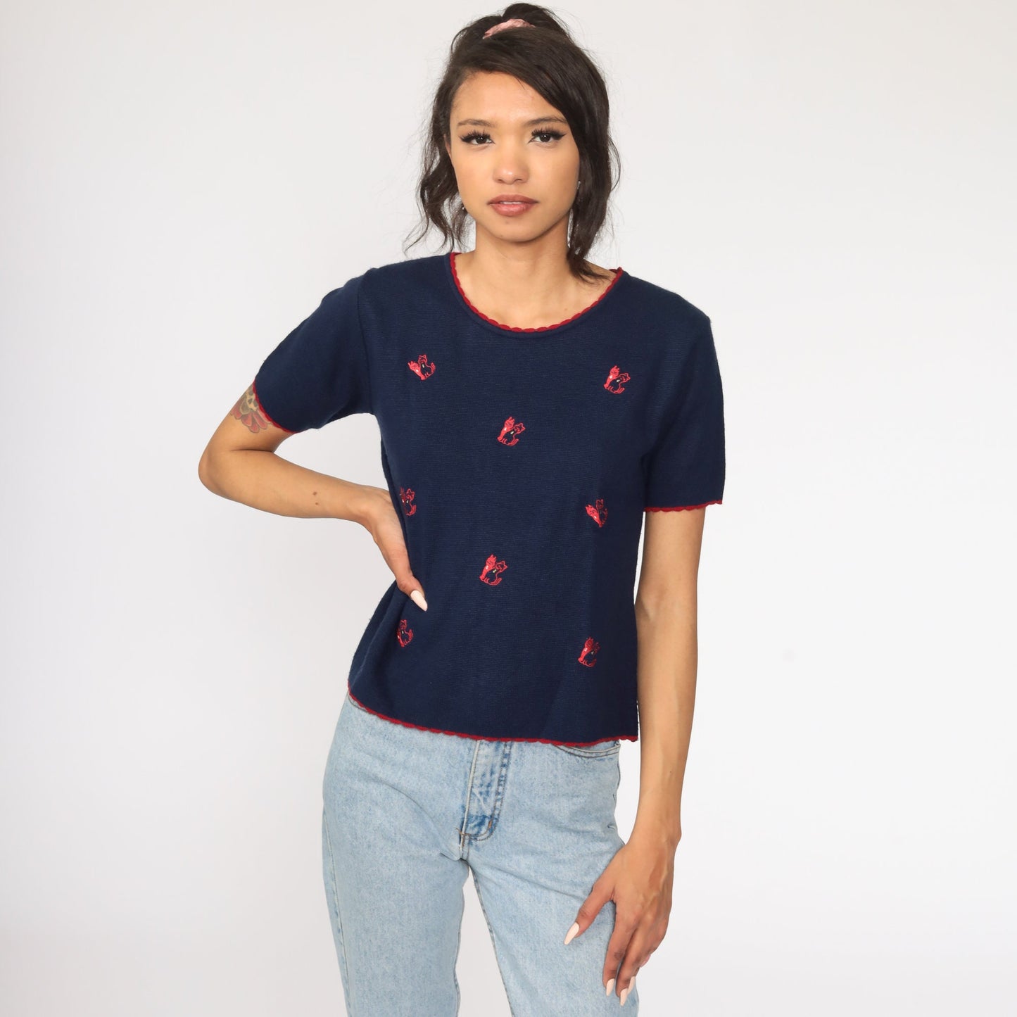 80s Navy Embroidered Cat Knit Top Short Sleeve Medium
