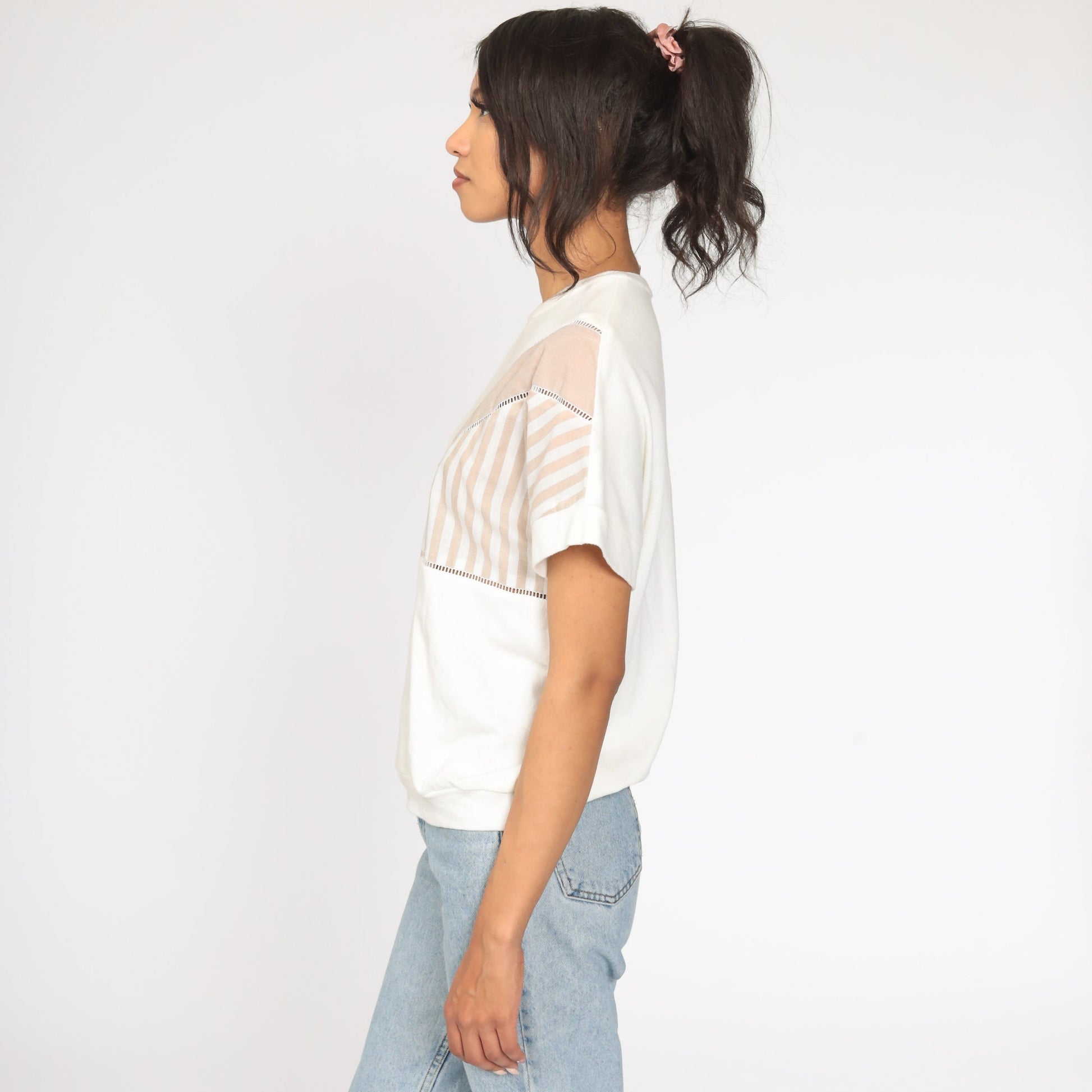 80s Striped Cutout Top White Tan Short Sleeve Blouse Medium