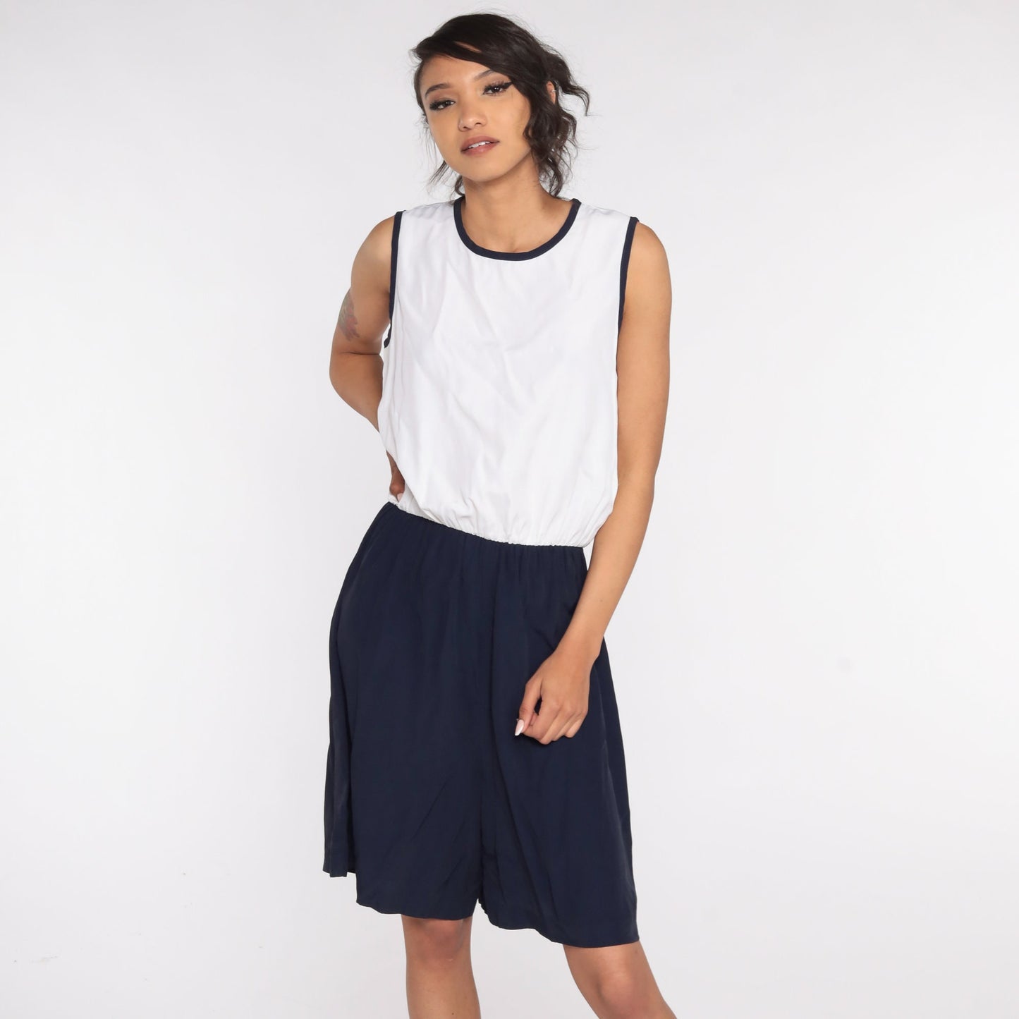 80s Navy White Sleeveless Romper Playsuit Shorts Jumpsuit Medium