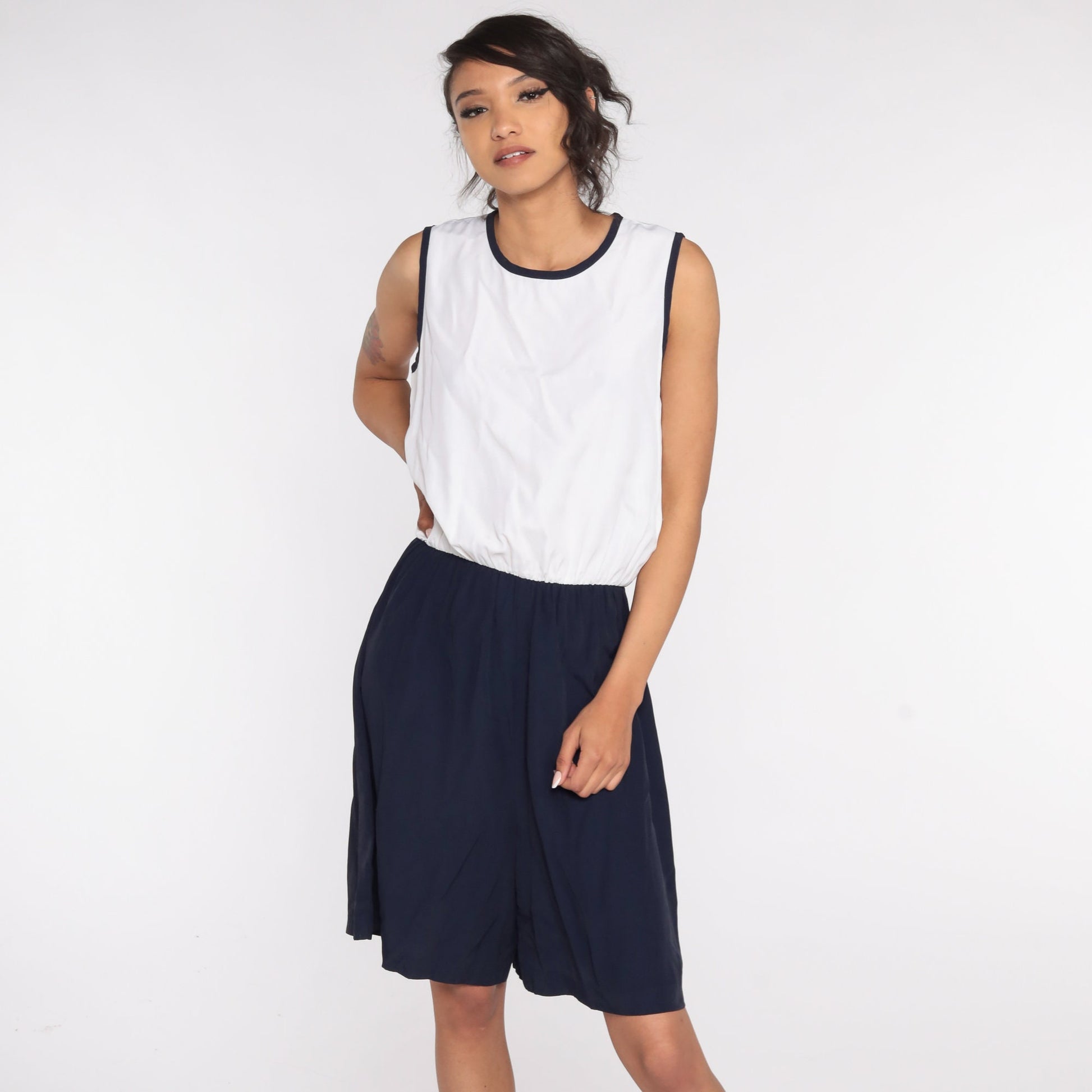 80s Navy White Sleeveless Romper Playsuit Shorts Jumpsuit Medium