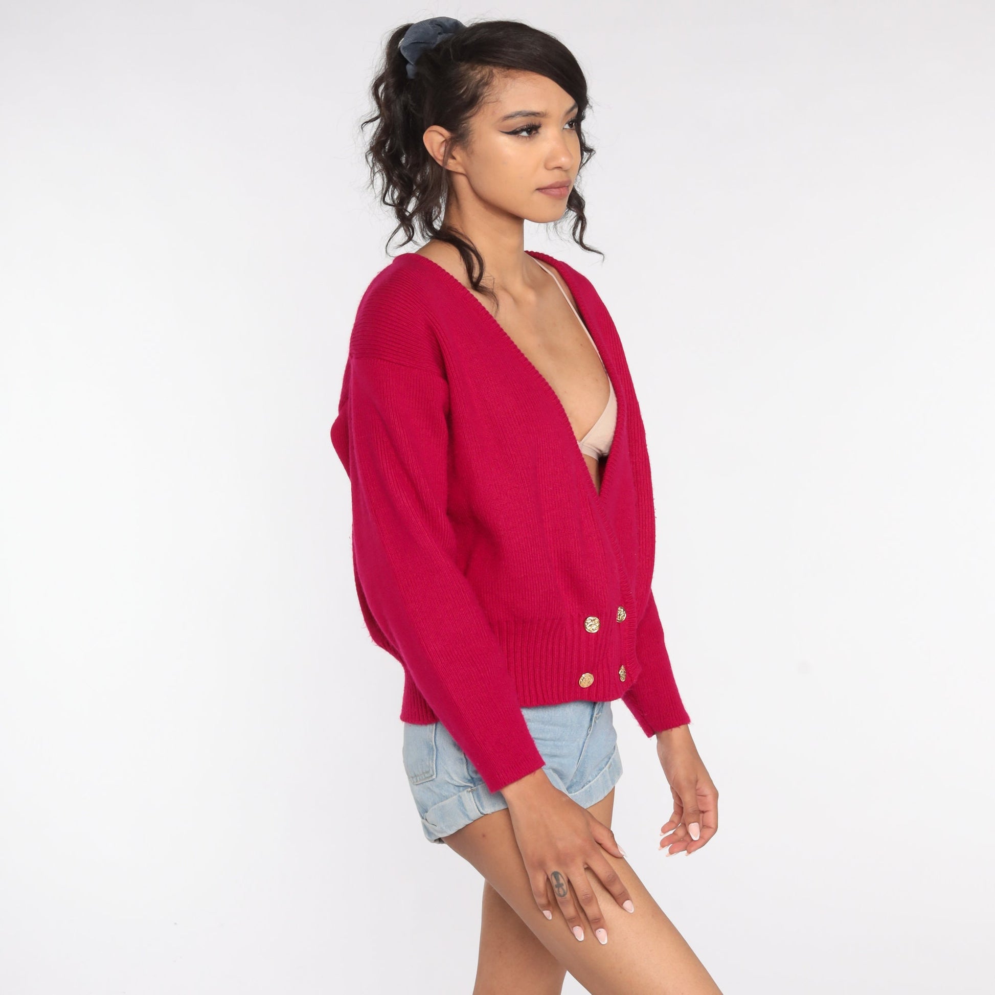 90s Deep Pink Cardigan Sweater Double Breasted Button Up Medium