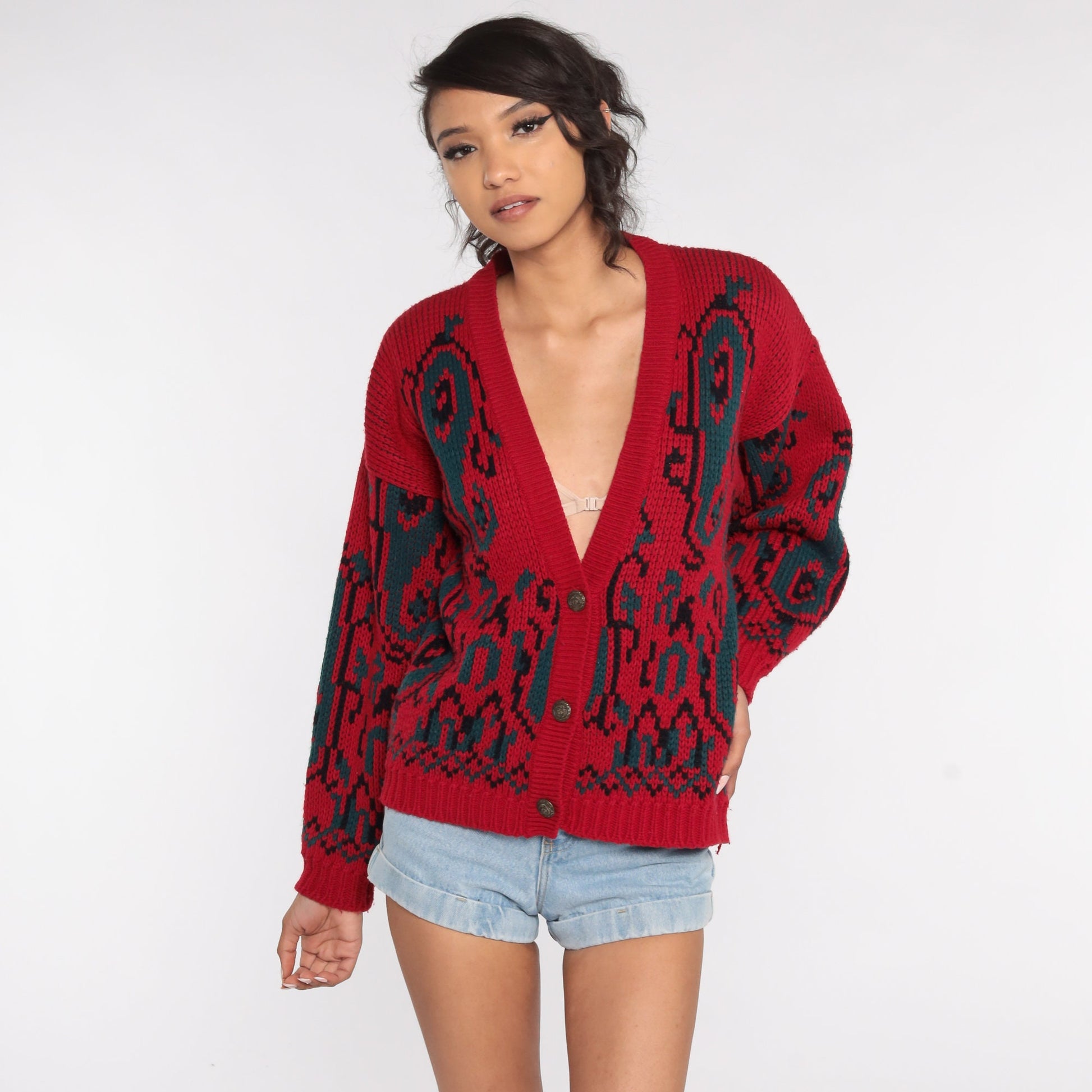 90s Paisley Cardigan Sweater Red Geometric Knit Button Up Medium