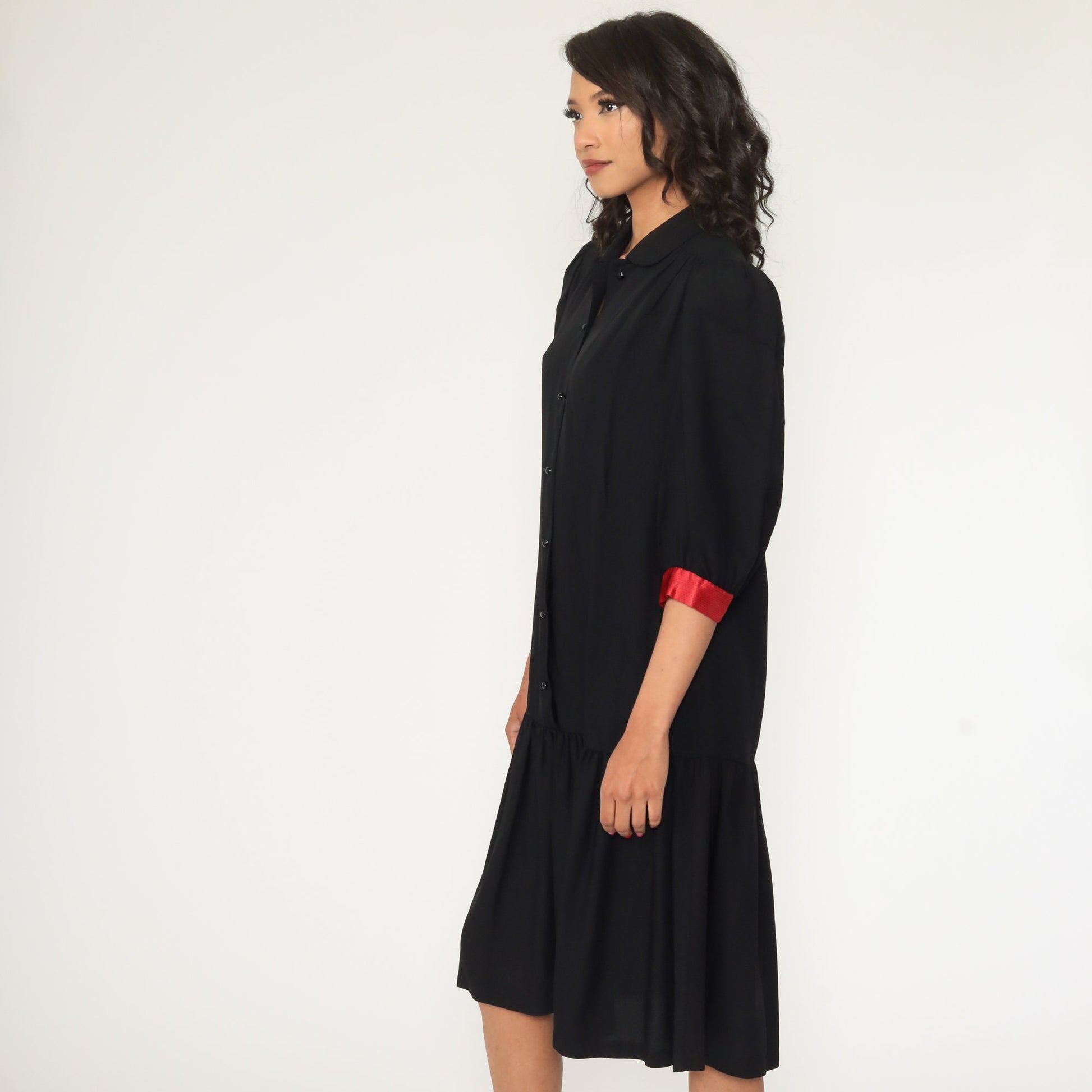 80s Black Mini Dress Drop Waist Puff Sleeve Button-Up Medium