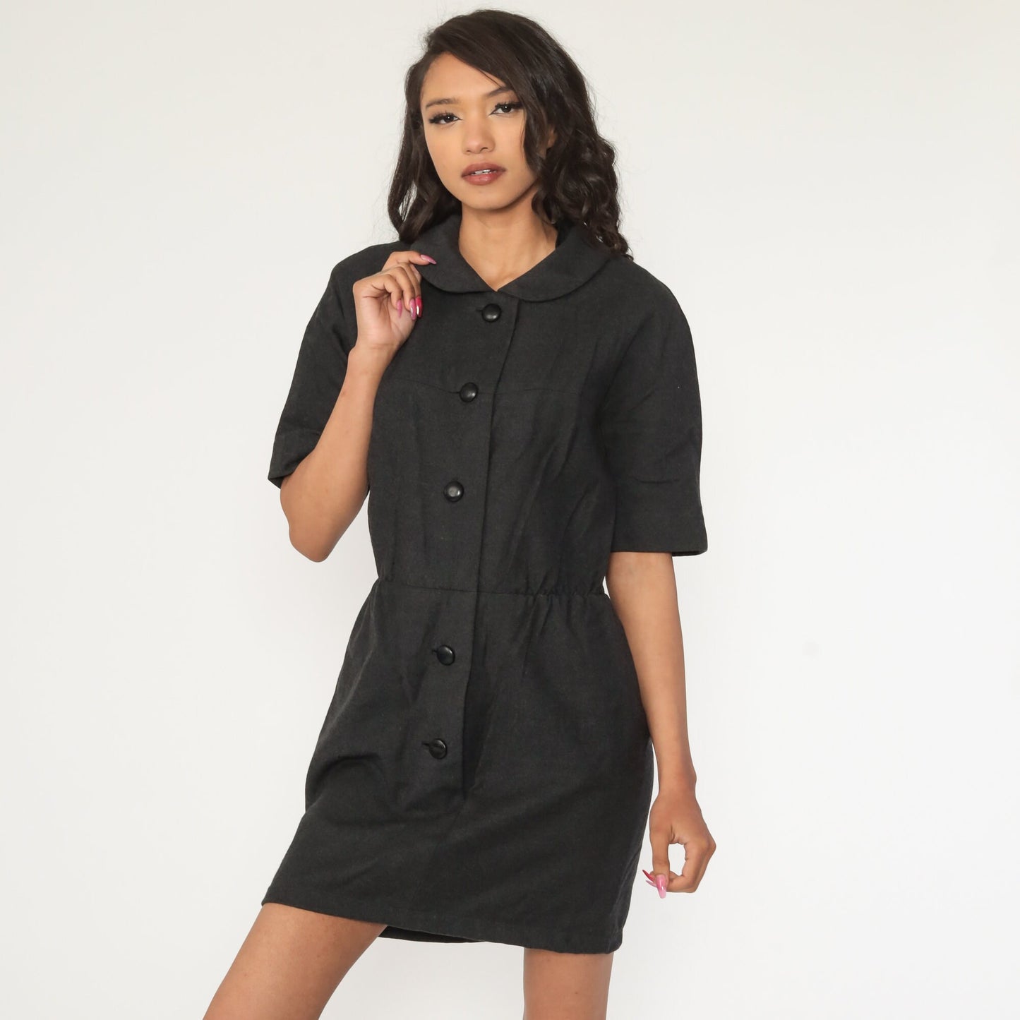 60s Mod Wool Shift Dress Peter Pan Collar Charcoal Mini Medium