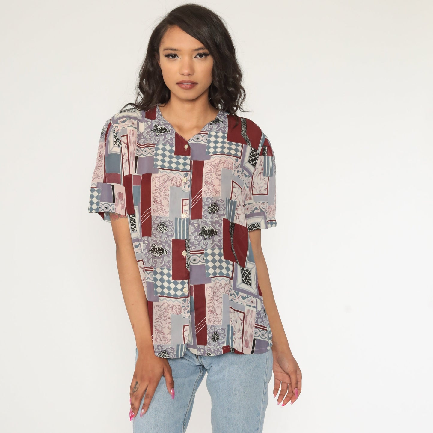 Y2K Patchwork Button-Up Blouse Burgundy Pink Short Sleeve Extra Large XXL