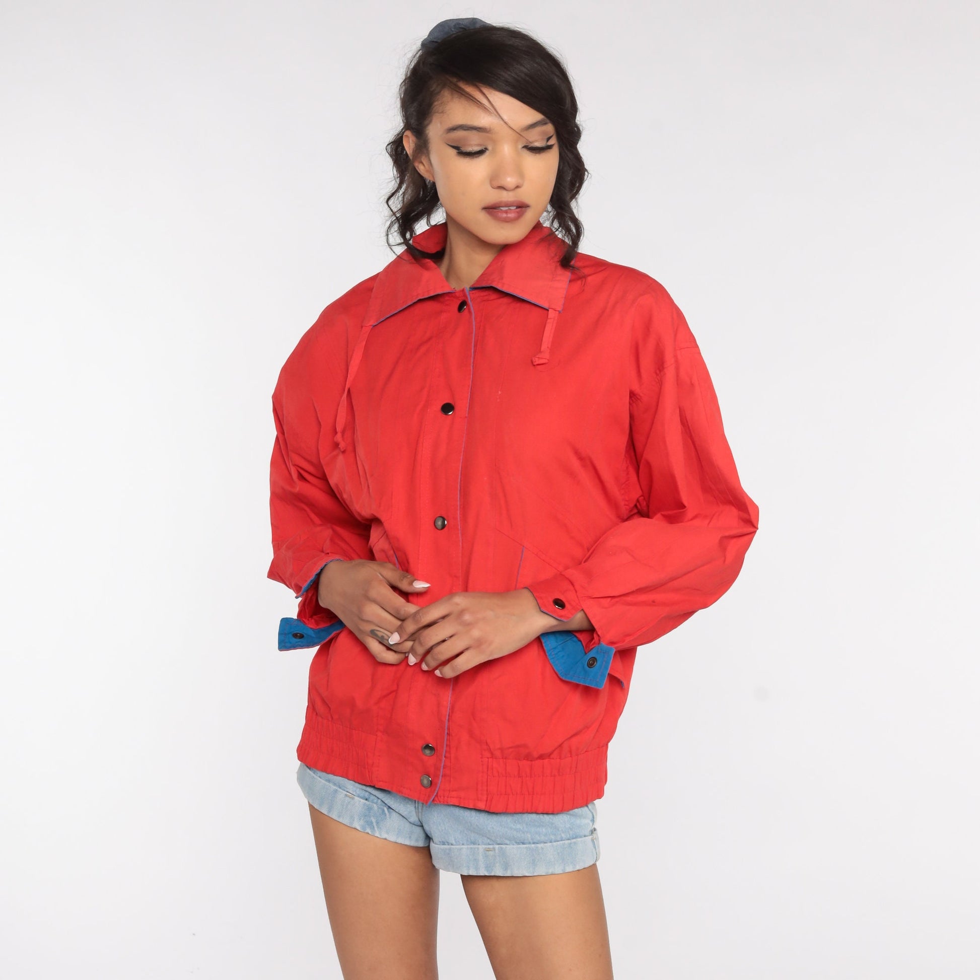 80s Red Windbreaker Jacket Zip Up Cotton Drawstring Small