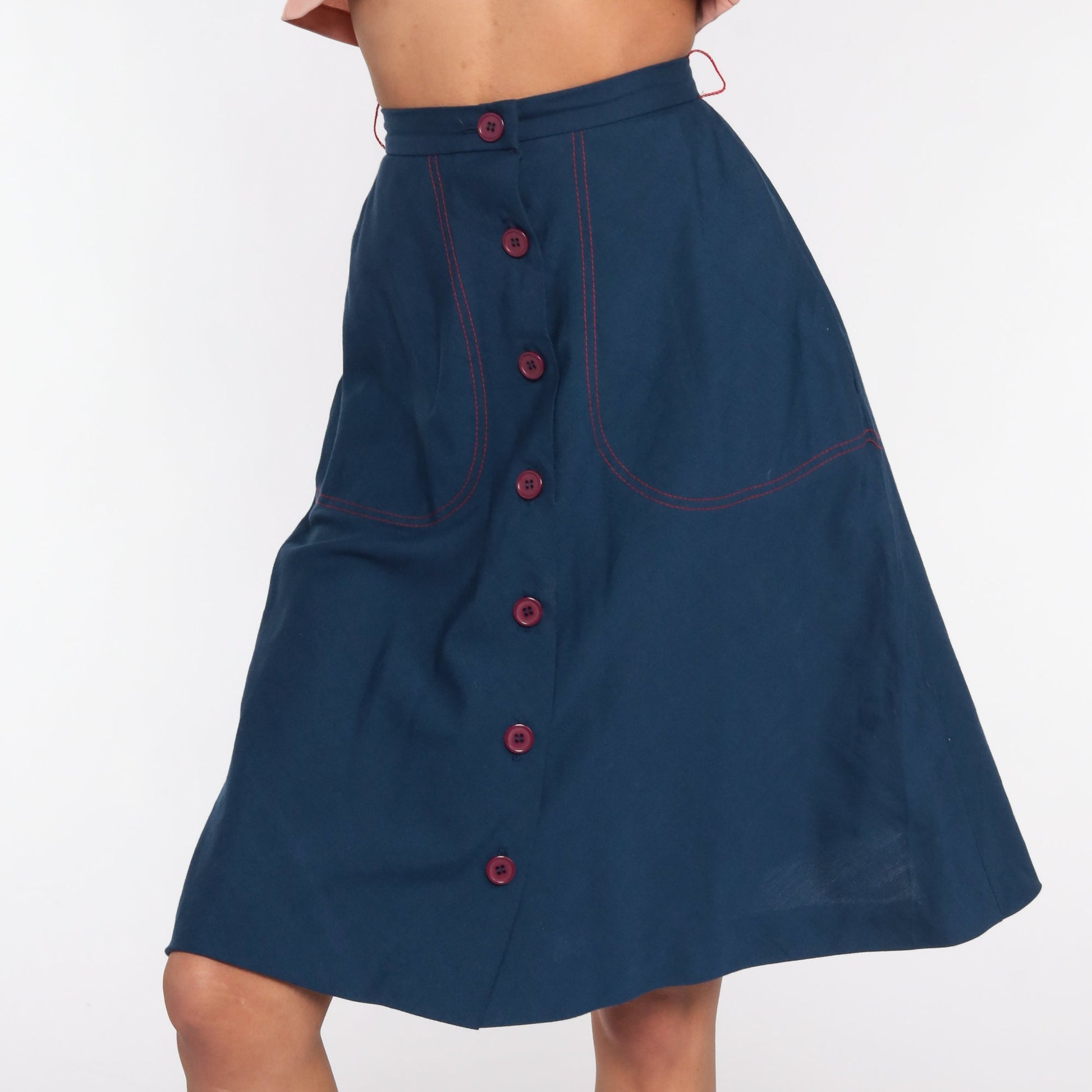 70s Dark Blue Midi Skirt High Waist Pockets XXS