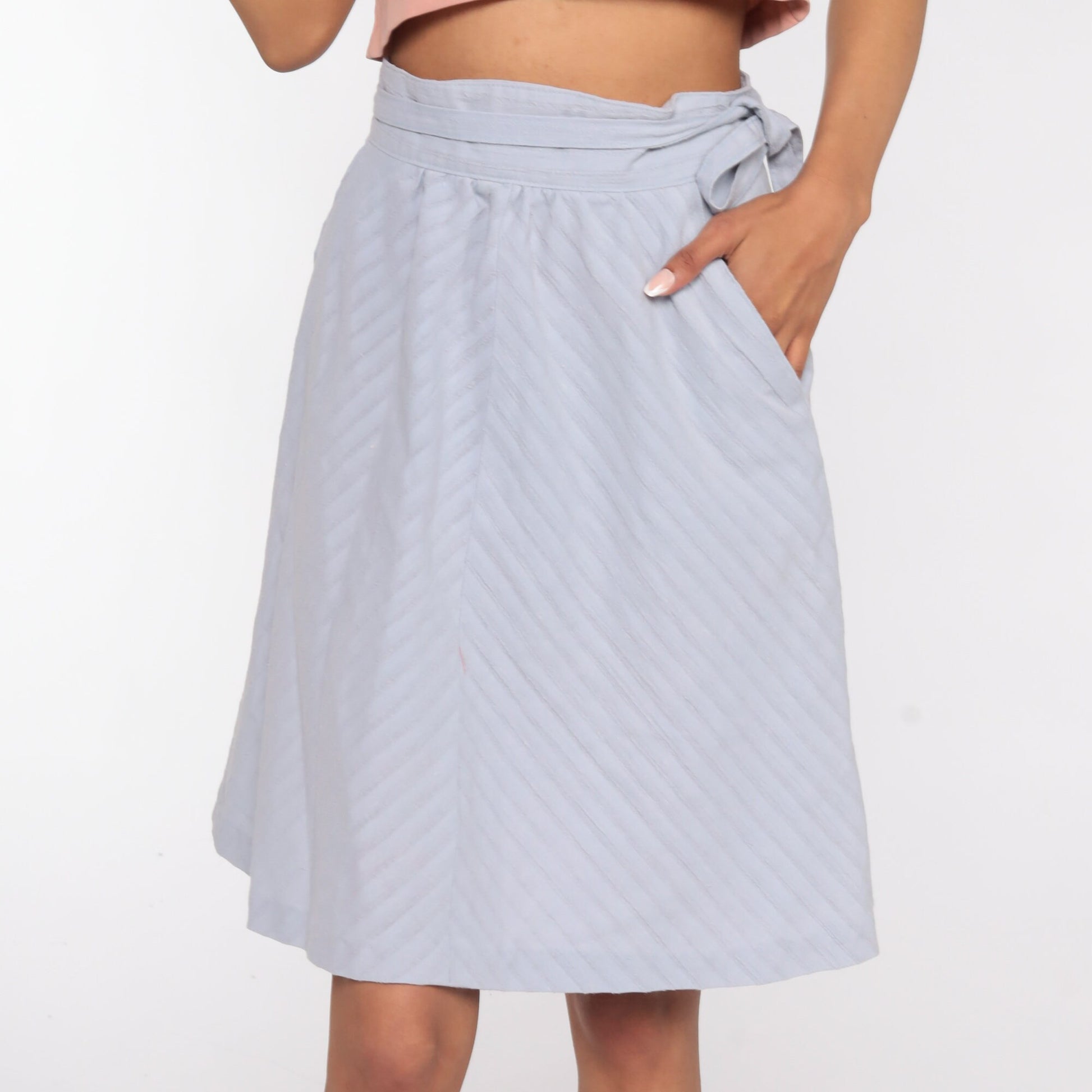 70s Light Blue Chevron Midi Skirt High Waist Cotton Pockets Small