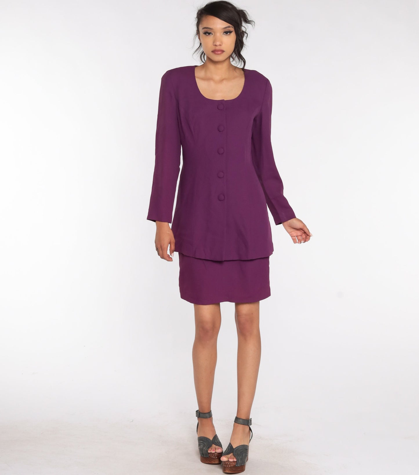 80s Purple Sheath Dress Button Front Bow Back V-Neck Secretary Medium