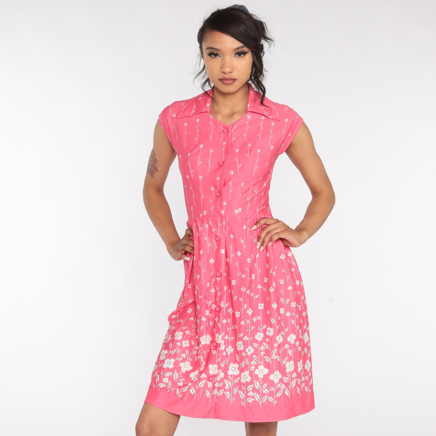 70s Pink Floral Midi Dress High Waist Cap Sleeve Button Front Extra Small
