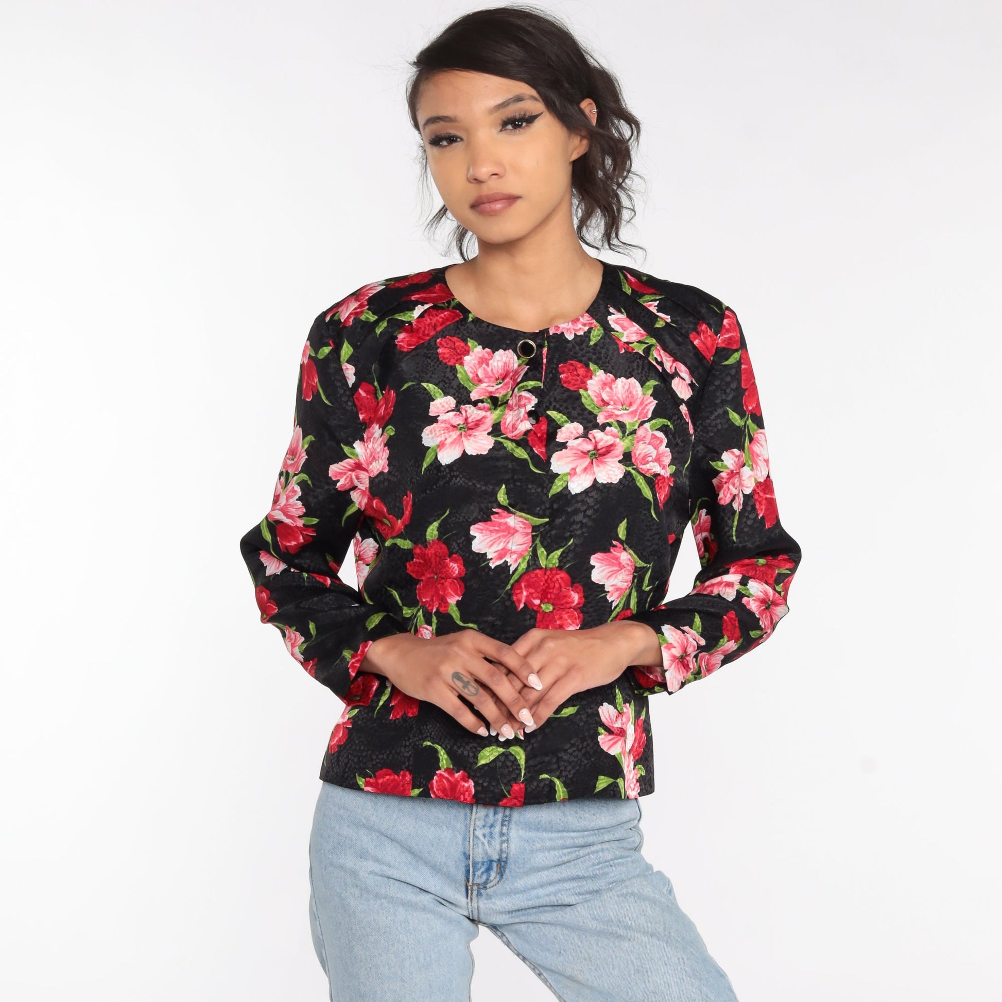 90s Liz Claiborne Black Floral Button-Up Blouse Long Sleeve Large L