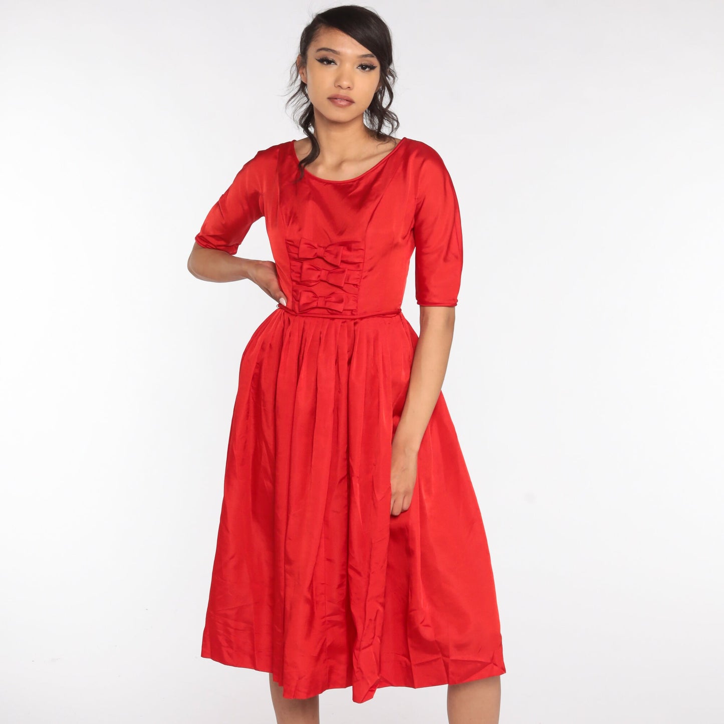 60s Teena Paige Red Bow Party Dress Tea Length Extra Small