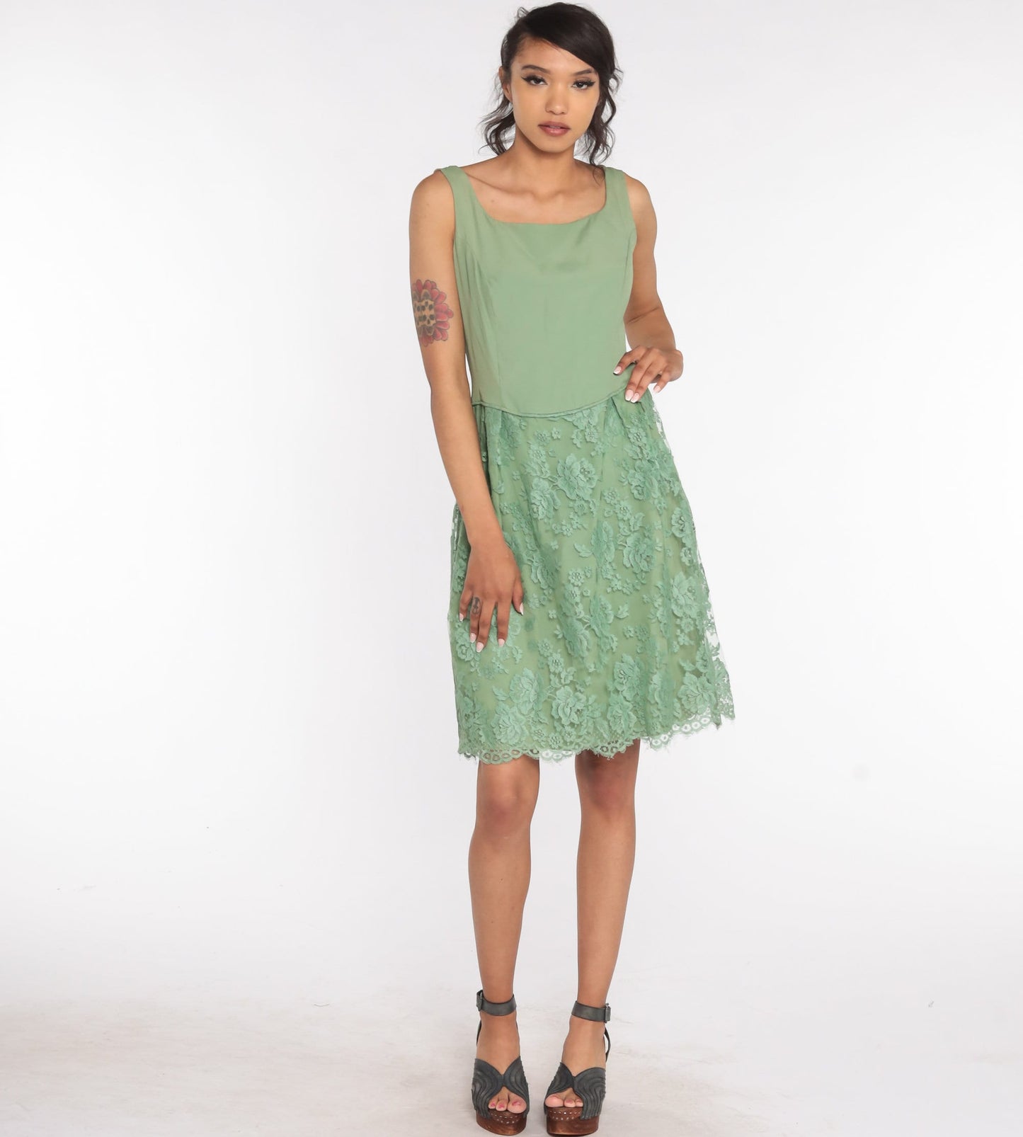 1960s Green Lace Cocktail Dress Midi Tea Length Small