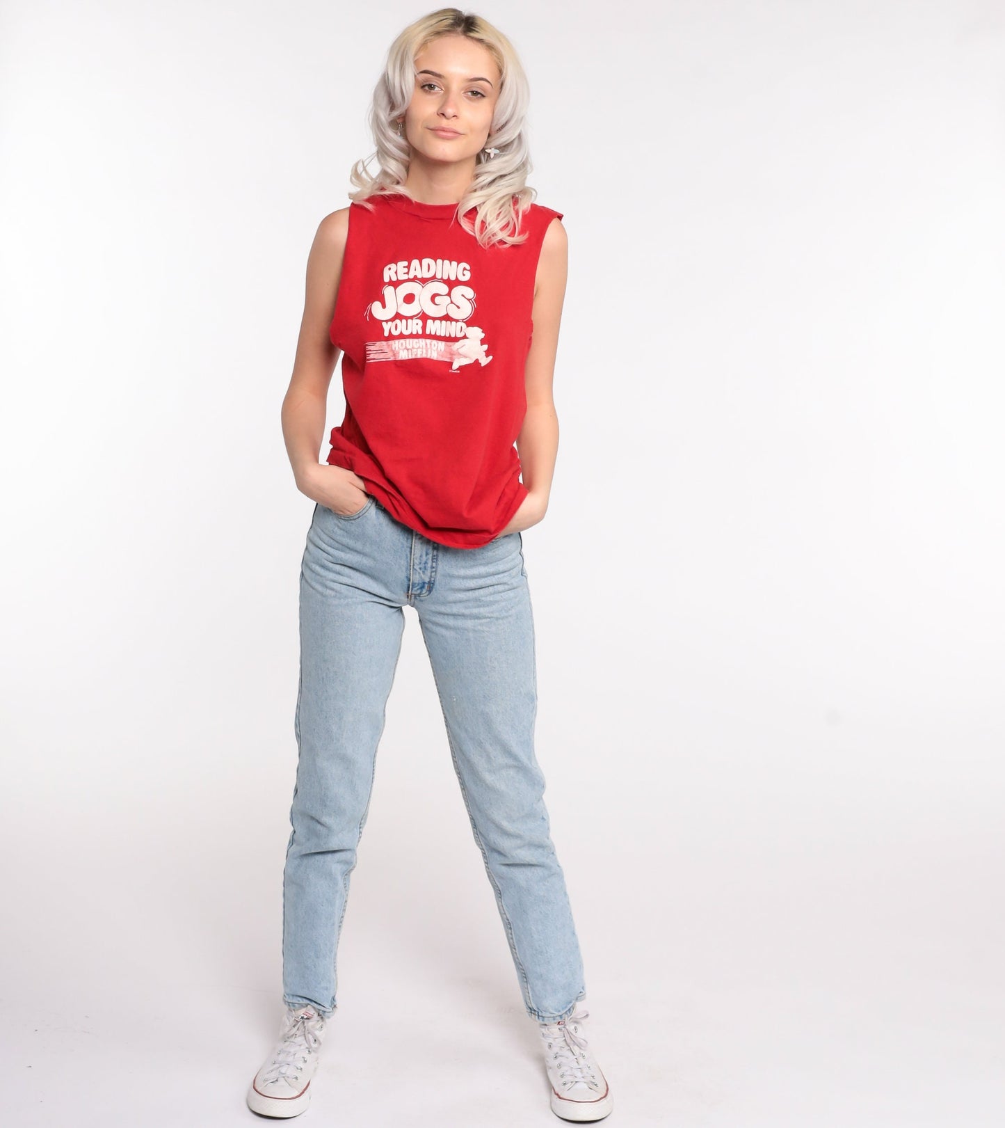80s Screen Stars Reading Tank Top Graphic Sleeveless Tee Red Medium