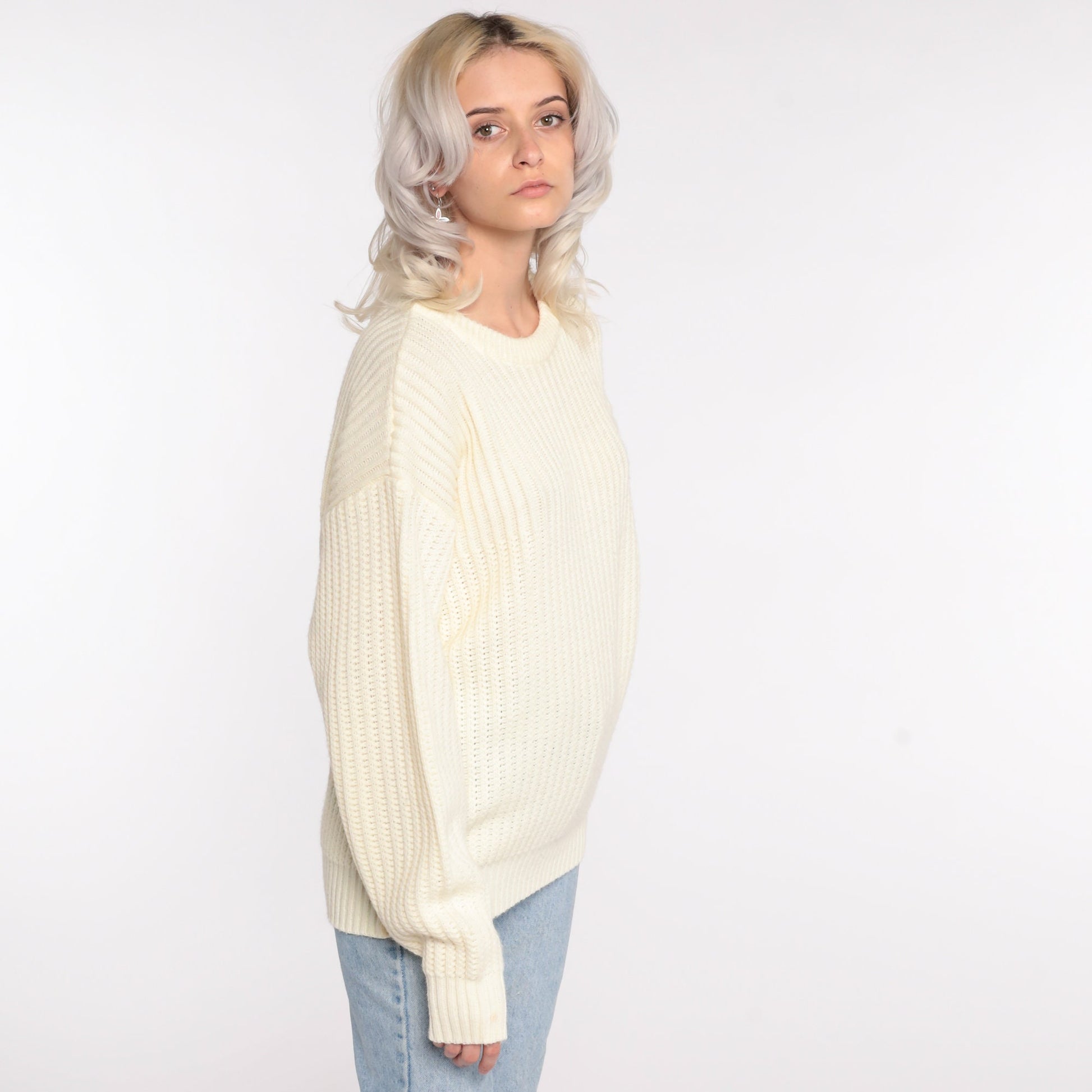 80s High Sierra Ribbed Cream Knit Pullover Sweater Large