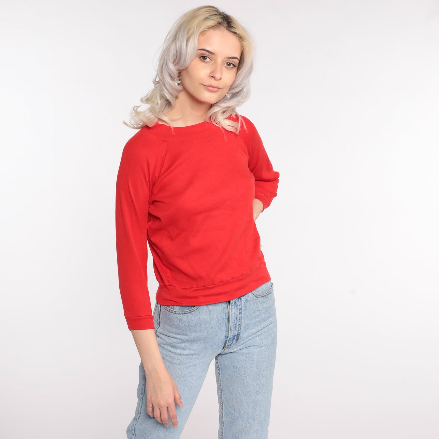 80s Red Cropped Raglan Sweatshirt Crewneck Pullover Extra Small XS
