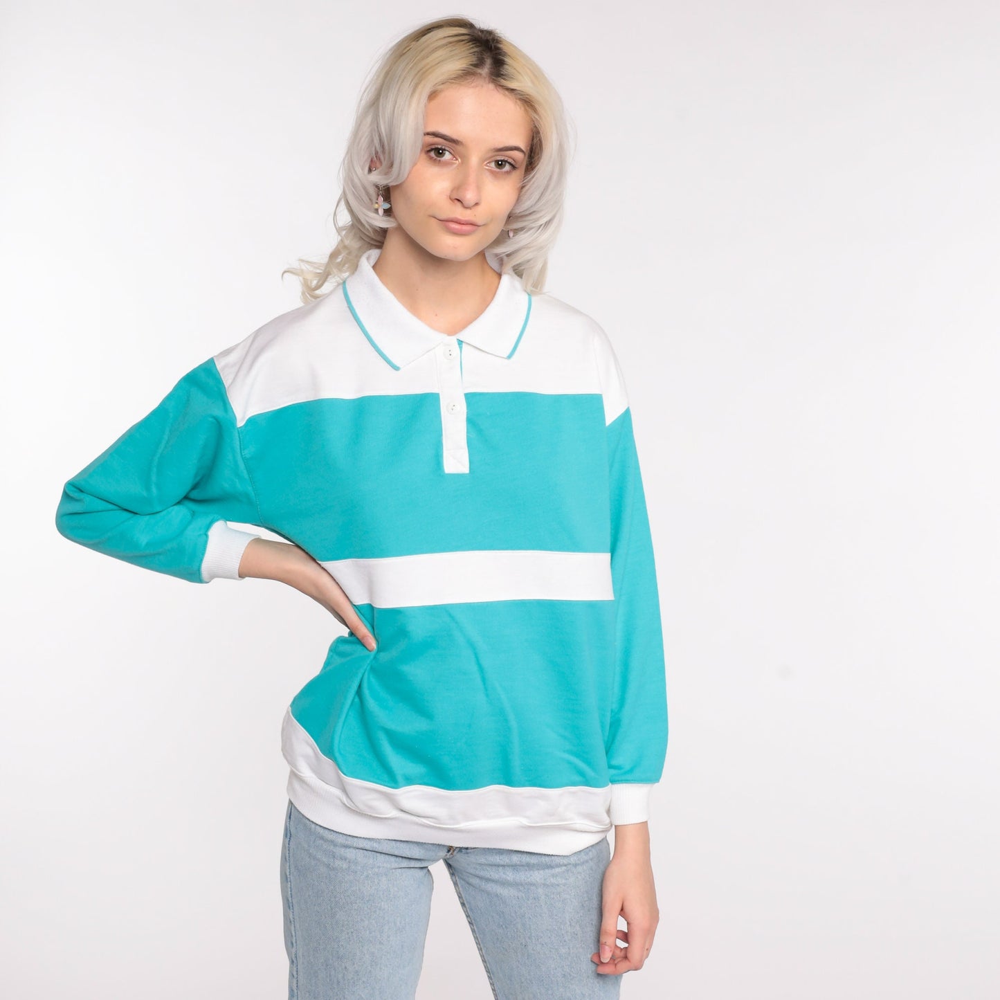 80s Polo Turquoise Striped Button Sweatshirt Medium