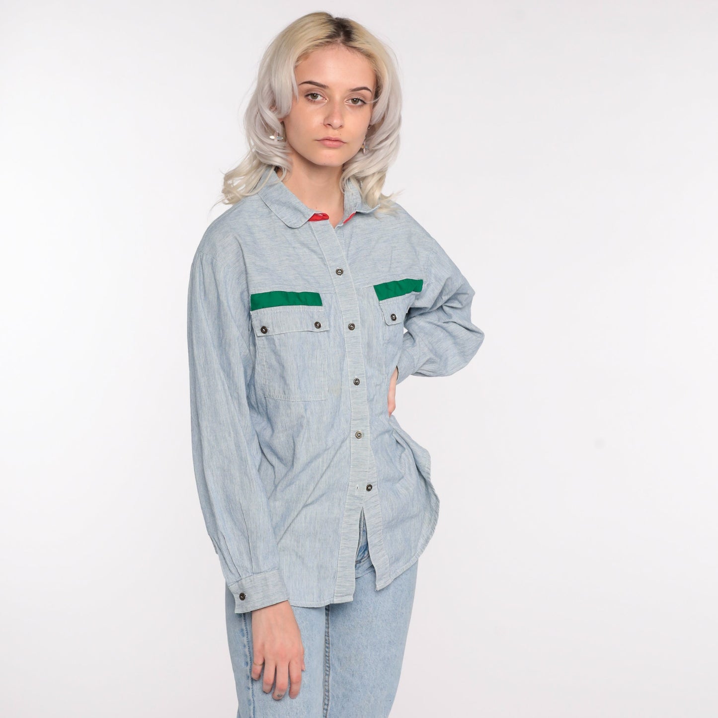 80s Striped Cotton Button-Up Shirt Blue Pinstripe Long Sleeve Large L