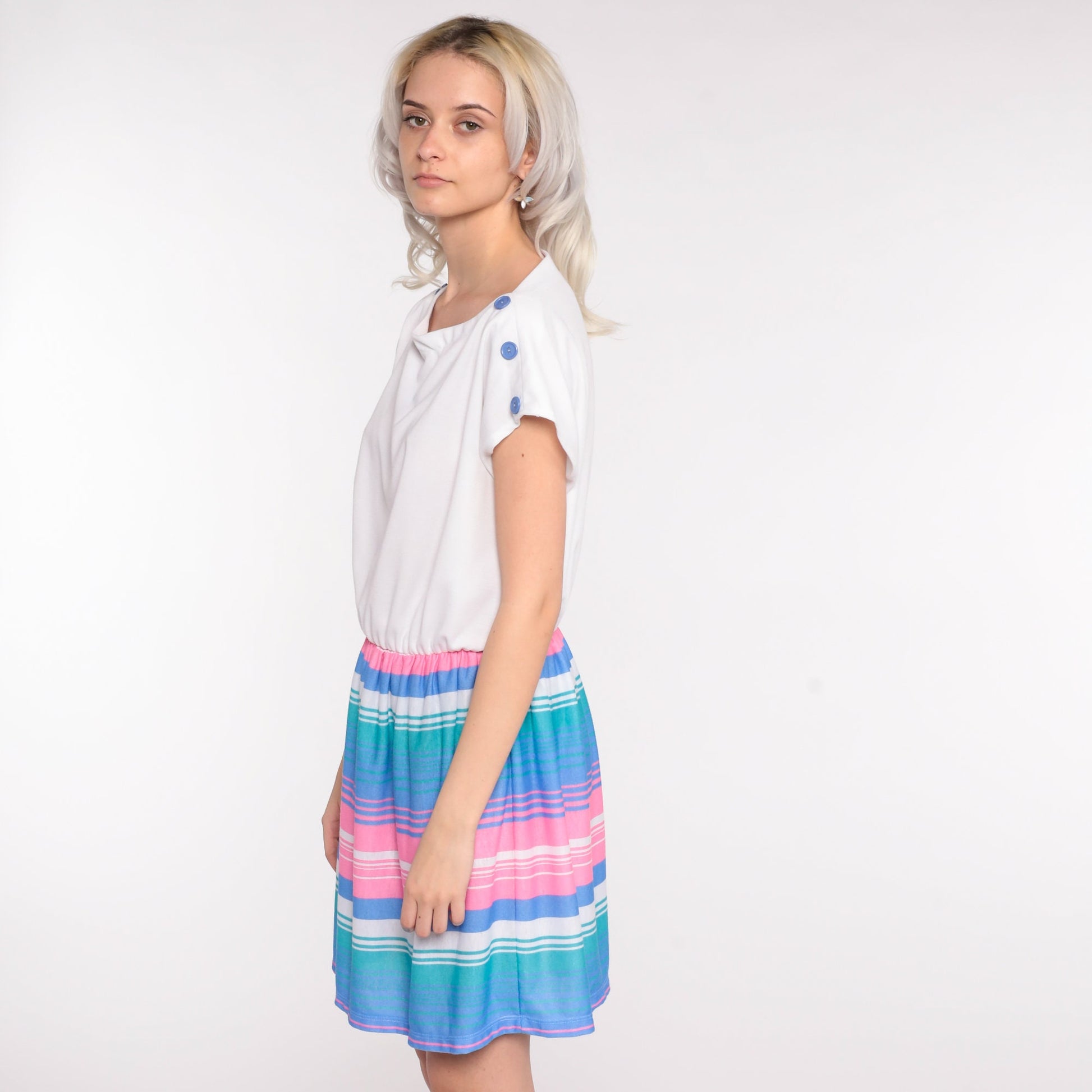 80s White Striped Mini Dress Cap Sleeve High Waist Pink Blue Large