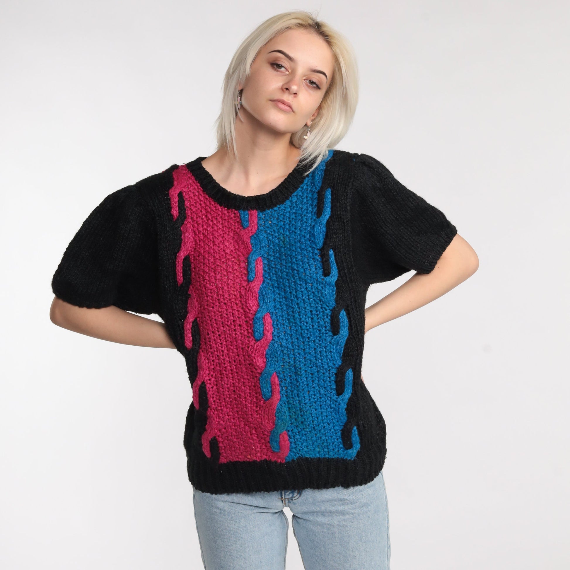 80s Color Block Cable Knit Sweater Top Black Magenta Blue Short Sleeve Large