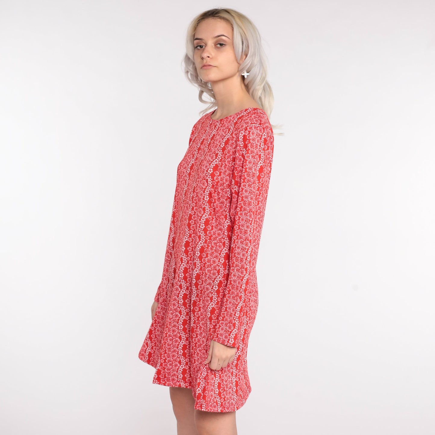 70s Floral Print Shift Dress Long Sleeve Mini Red Cotton Small Medium