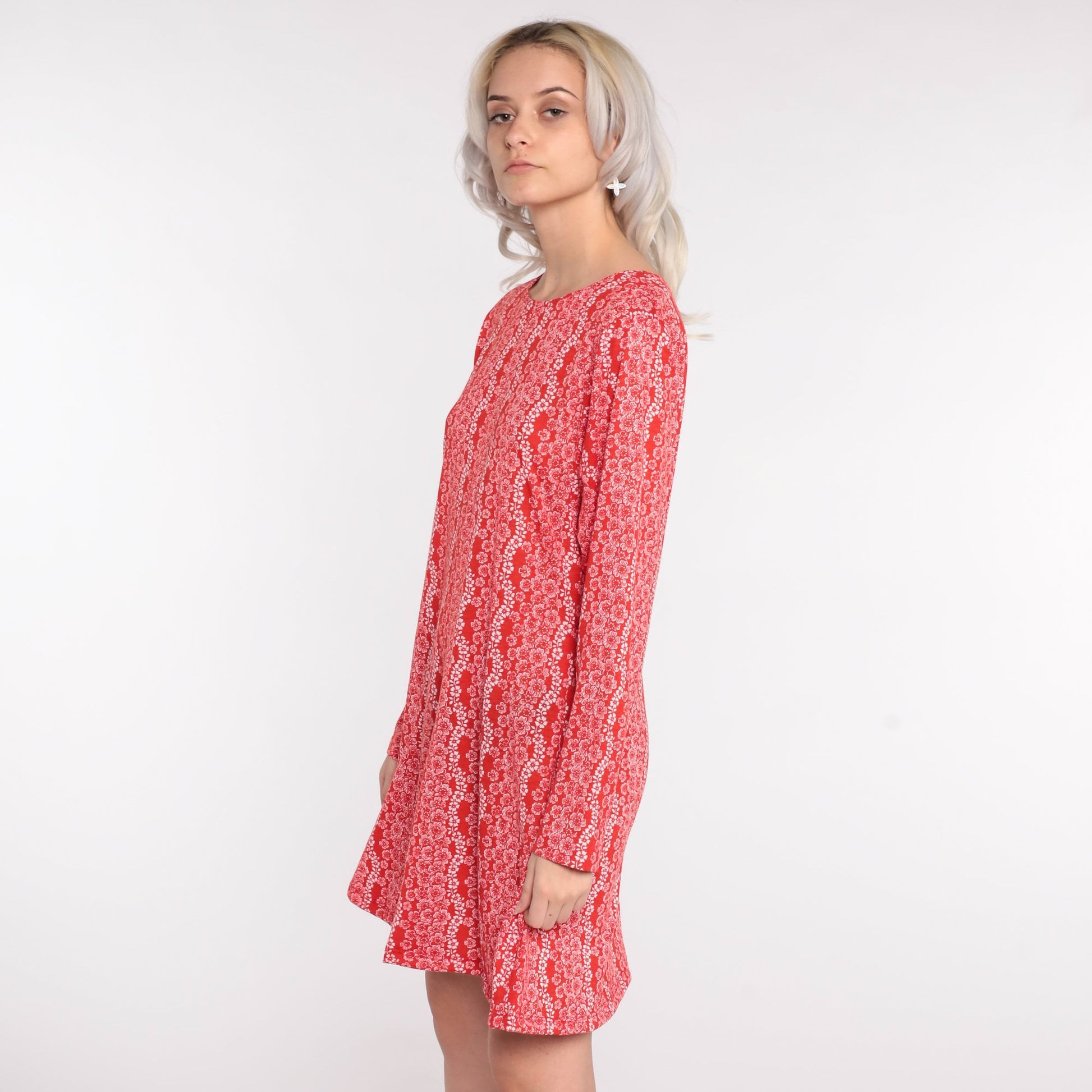 70s Floral Print Shift Dress Long Sleeve Mini Red Cotton Small Medium
