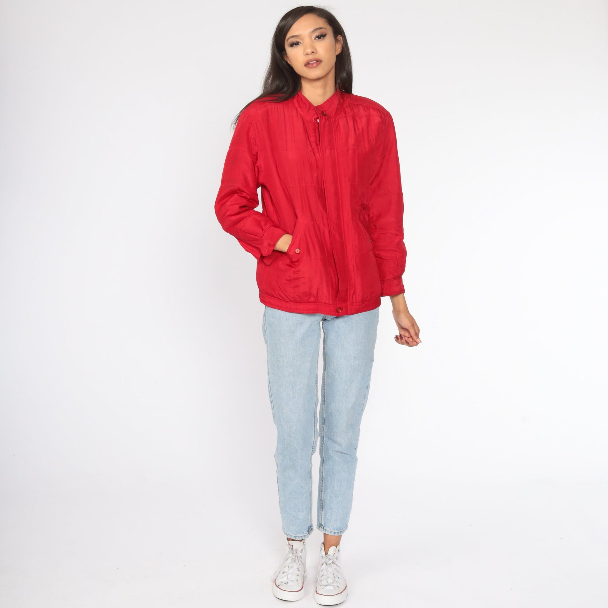80s Red Silk Windbreaker Jacket Front Zip Petite Small