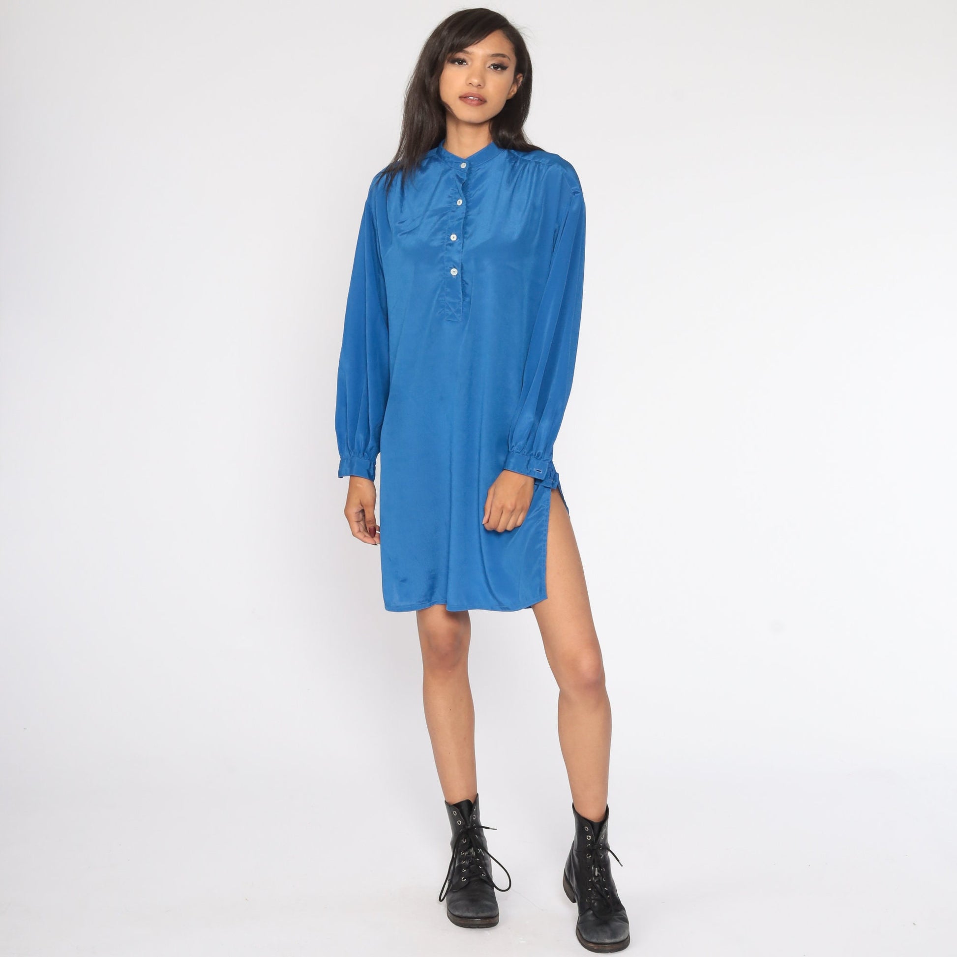 80s Blue Button-Up Shift Dress Long Sleeve Mini Shirtdress Medium Large