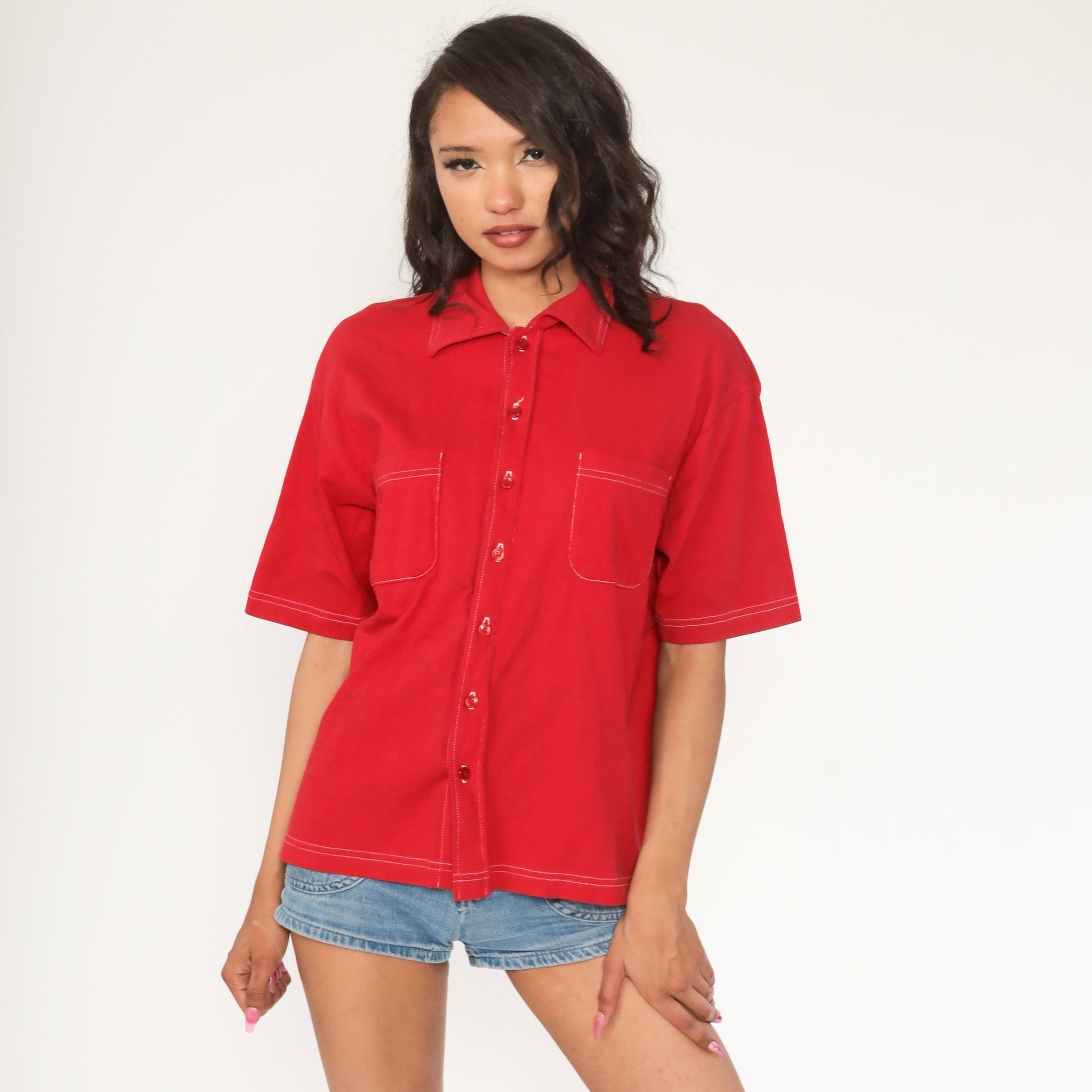 70s Red Cotton Button-Up Shirt Pointed Collar Short Sleeve Medium