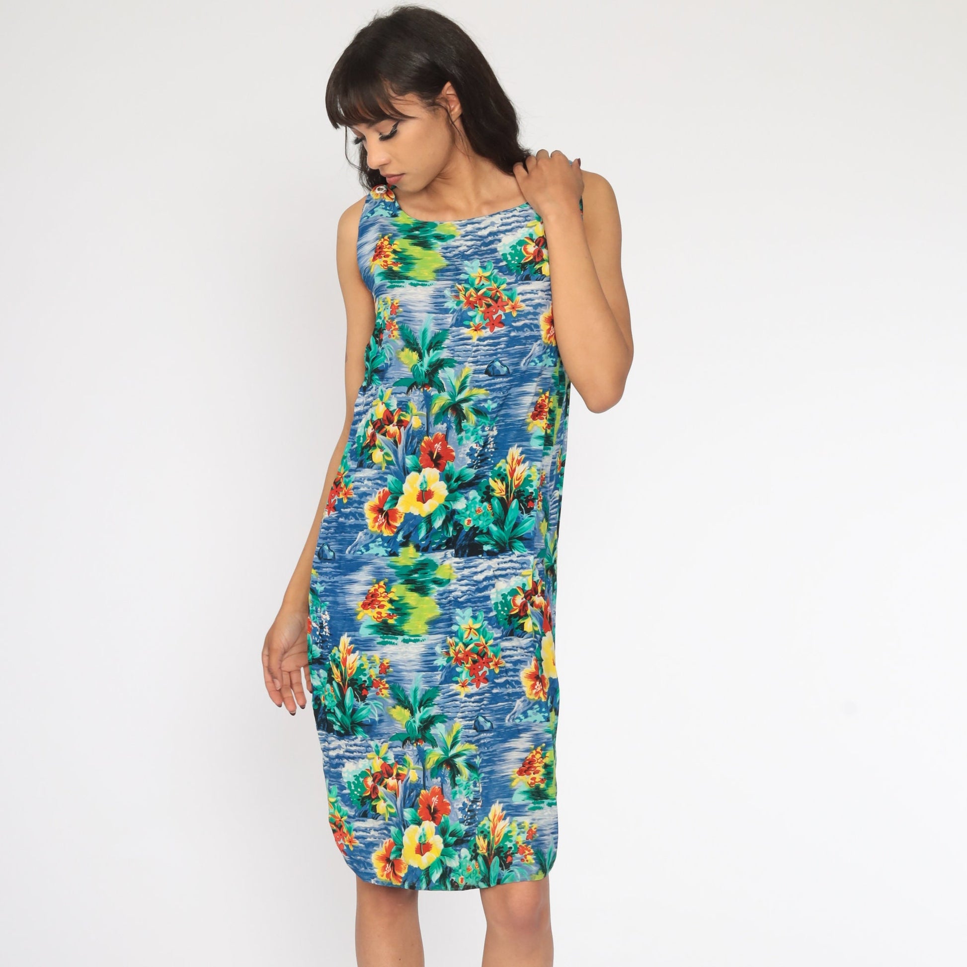 90s Blue Hawaiian Floral Mini Dress Sleeveless Shift Tank Small
