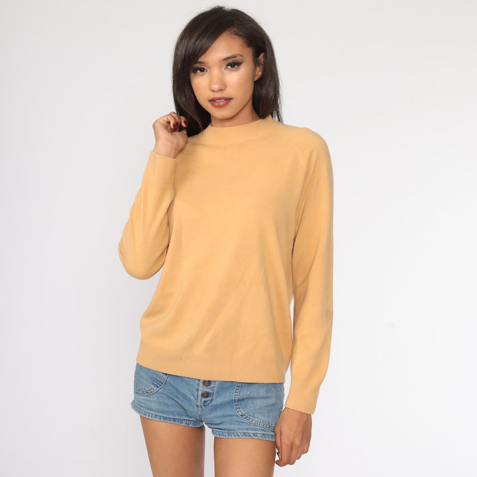 70s Tan Knit Raglan Sweater Pullover Small