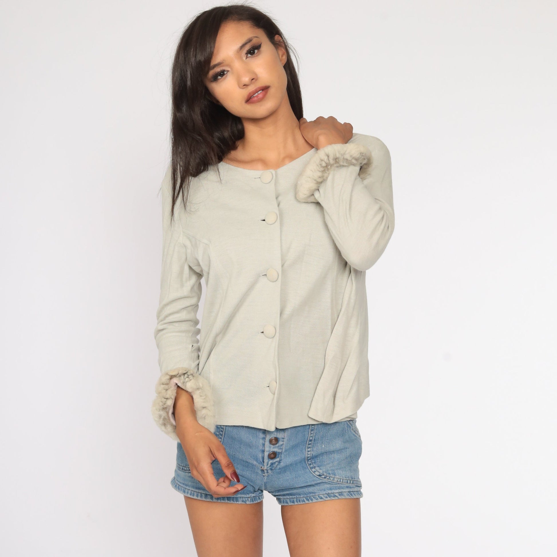 80s Grey Button-Up Blouse with Faux Fur Trim Long Sleeve Large L