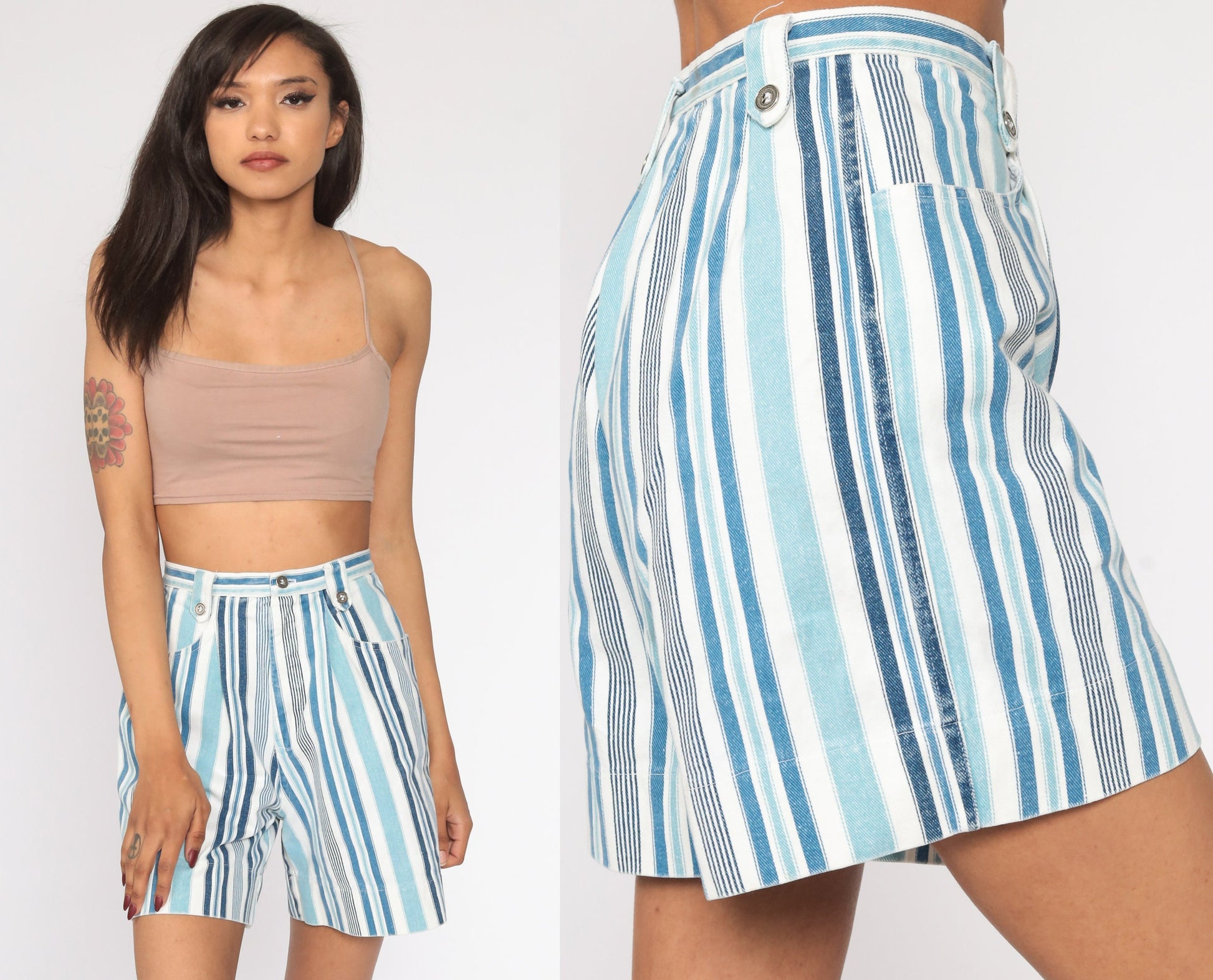 90s Striped Denim Shorts High Waisted Blue Jean Shorts Extra Small