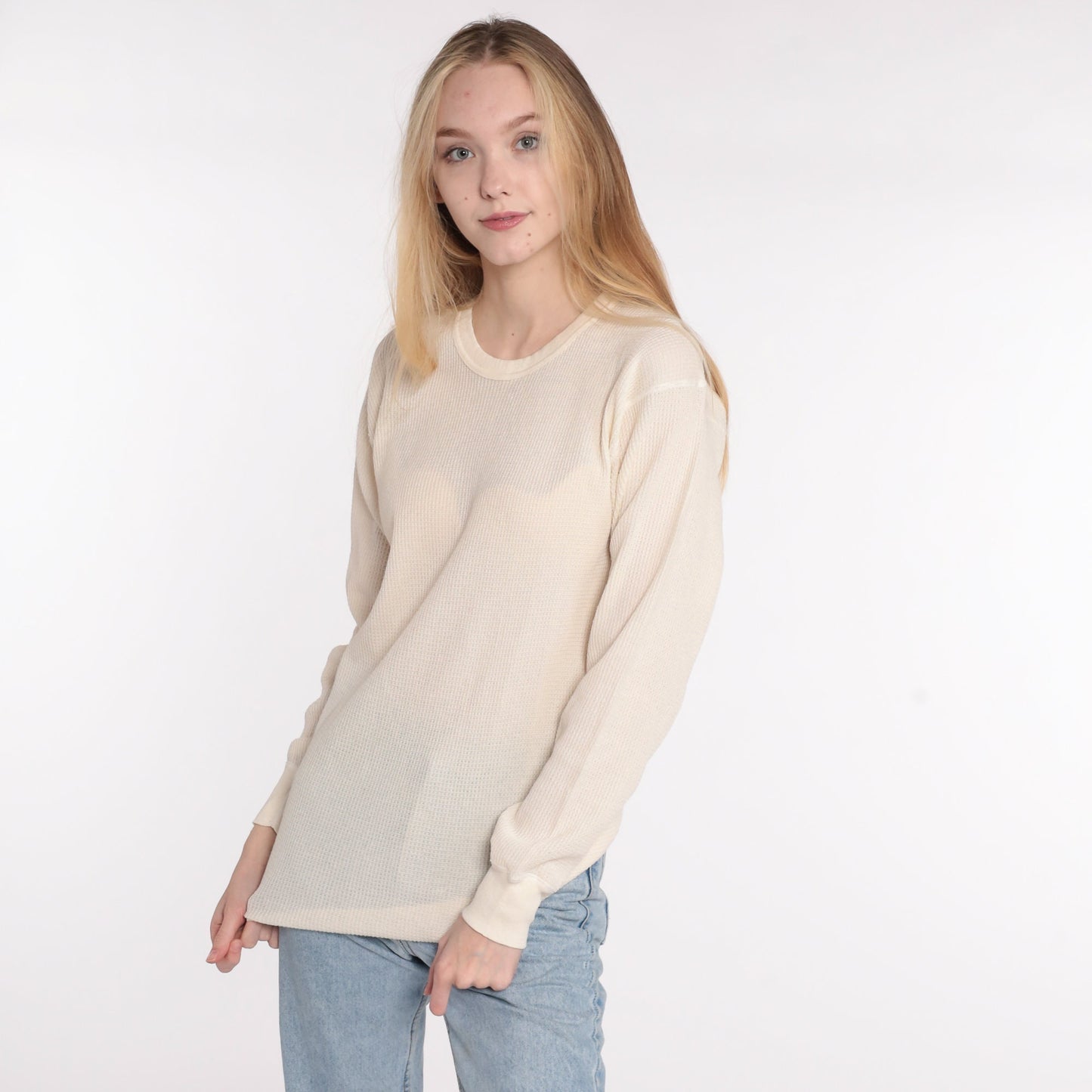 80s Hanes Cream Waffle Knit Thermal Long Sleeve Shirt Medium Large