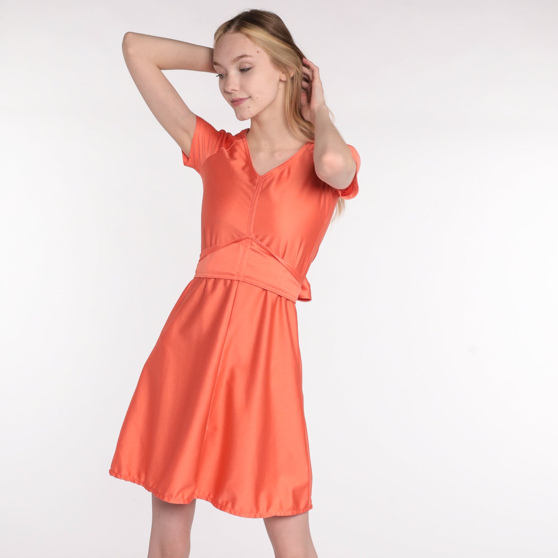 70s Orange Babydoll Mini Dress Empire Waist Deep V Neck Extra Small