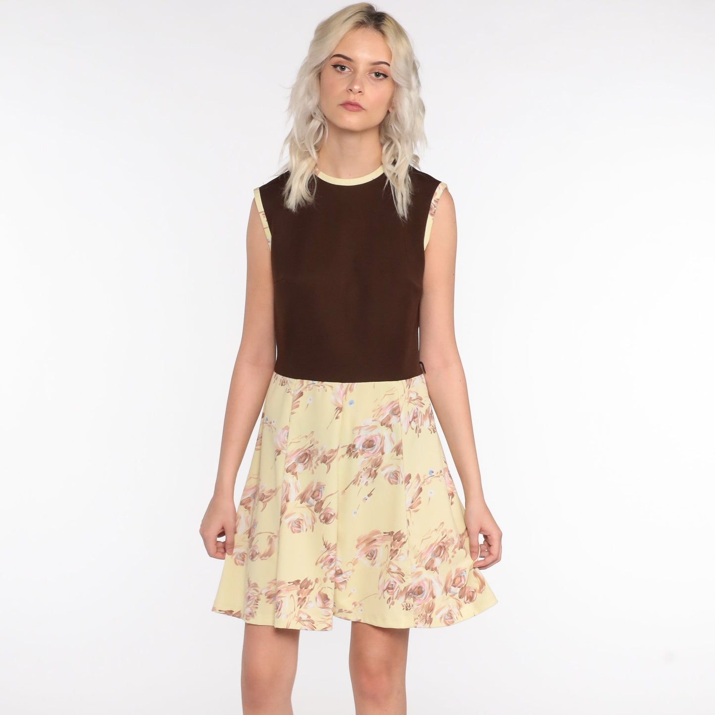 70s Floral Mini Dress High Waisted Sleeveless Brown Yellow Medium