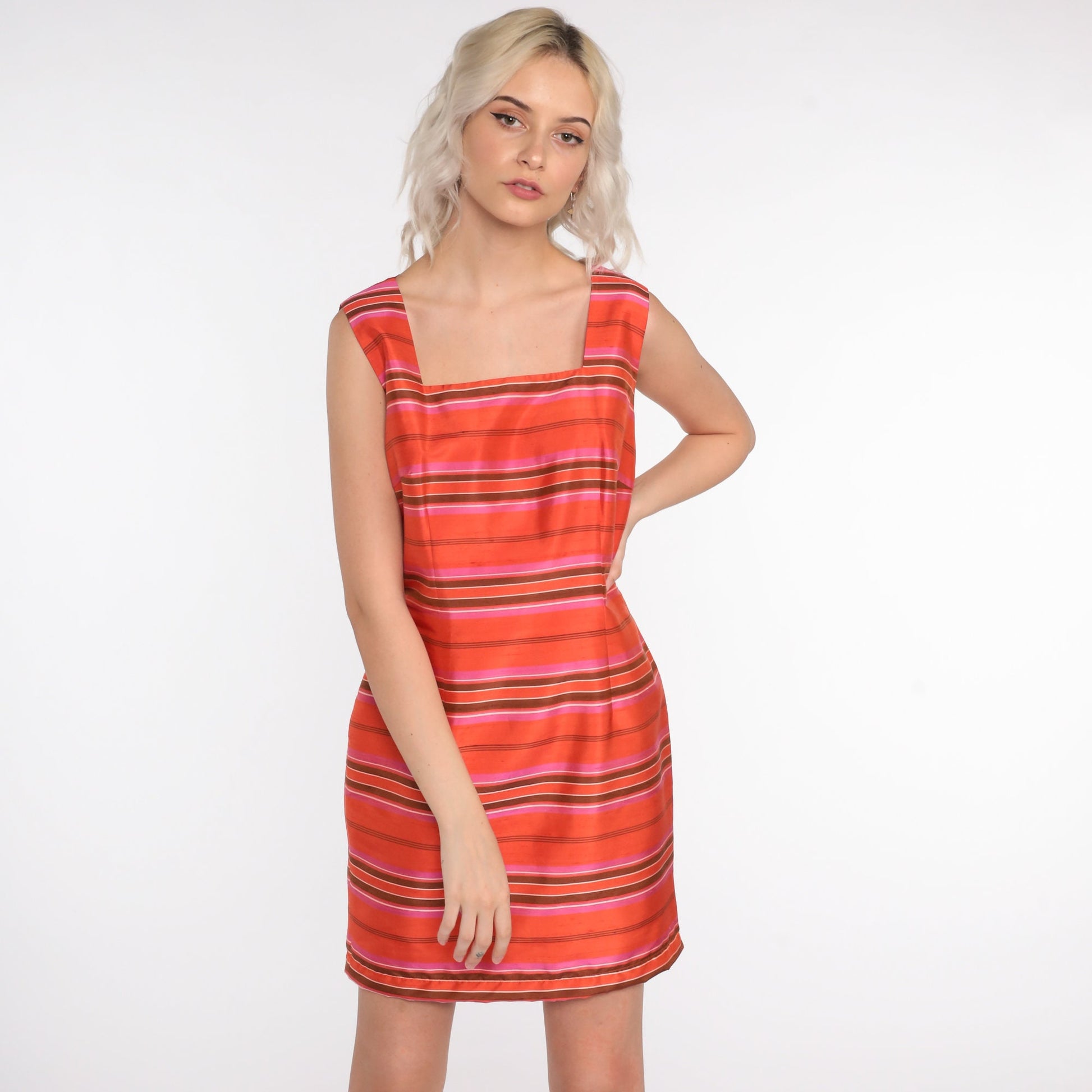 Y2K Orange Striped Silk Mini Sheath Dress Sleeveless 00s Small