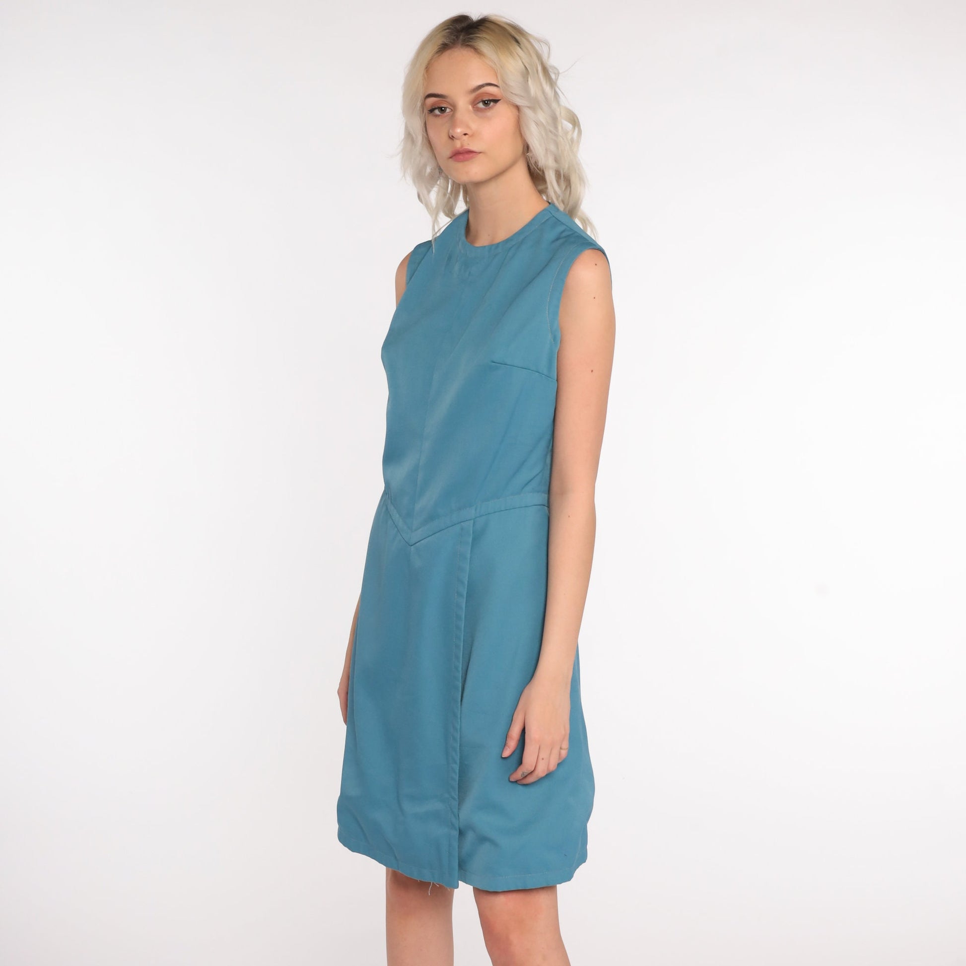 70s Mod Shift Dress Blue Sleeveless Mini High Waist Small