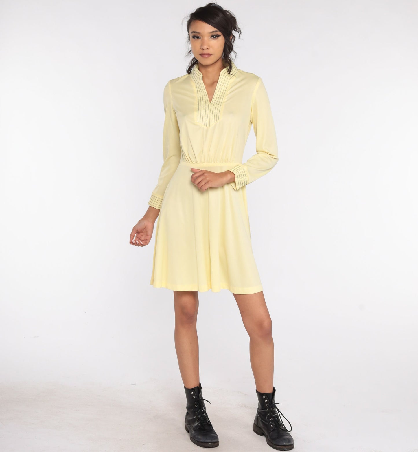 70s Pale Yellow Mini Dress High Waist Long Sleeve Polyester Small Medium