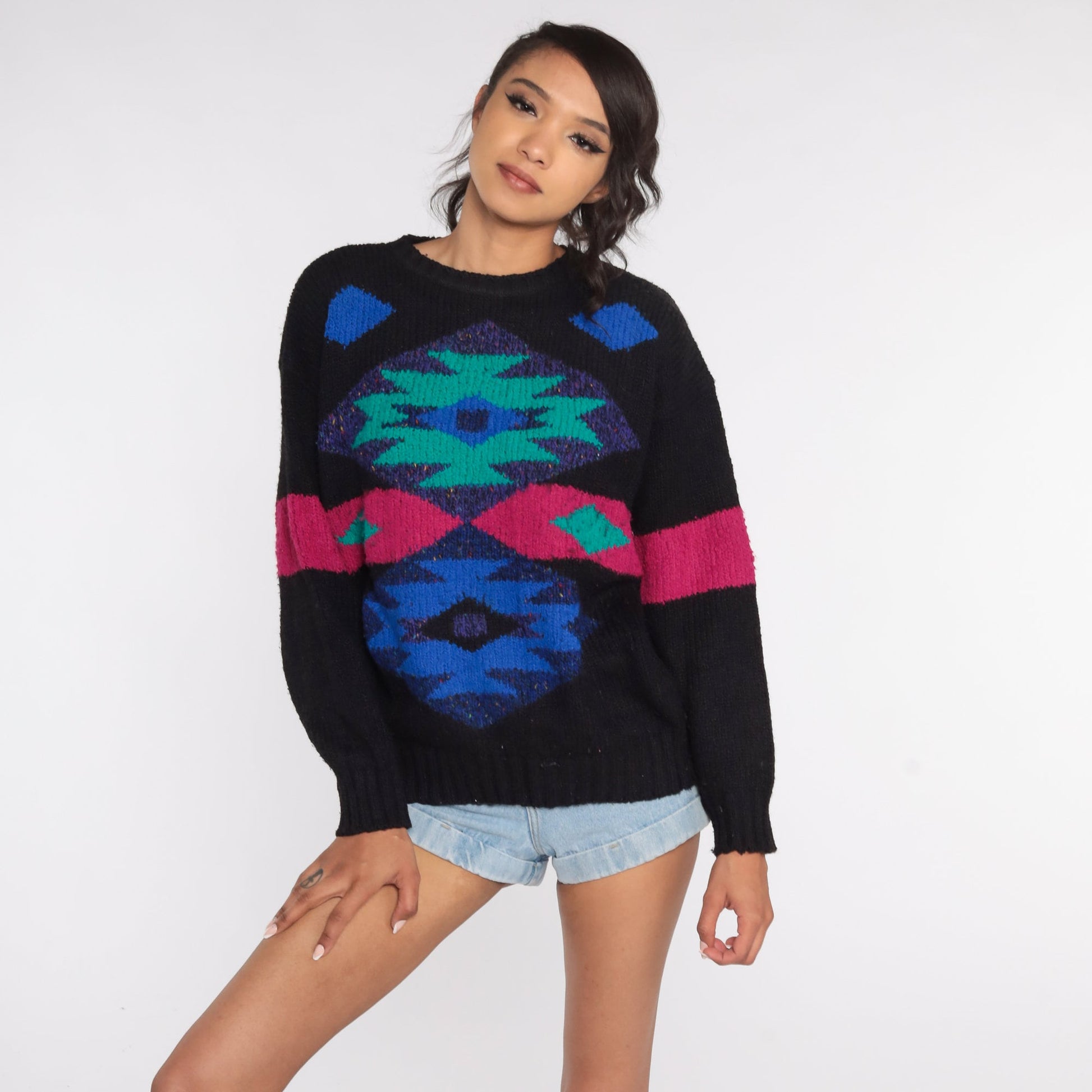 80s Southwestern Tribal Sweater Black Wool Blend Aztec Pullover Large