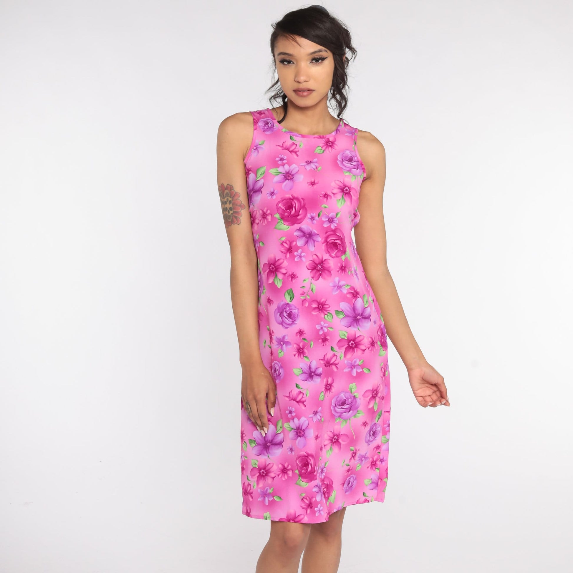 90s Floral Midi Sundress Pink Sleeveless Shift Dress Extra Small XS