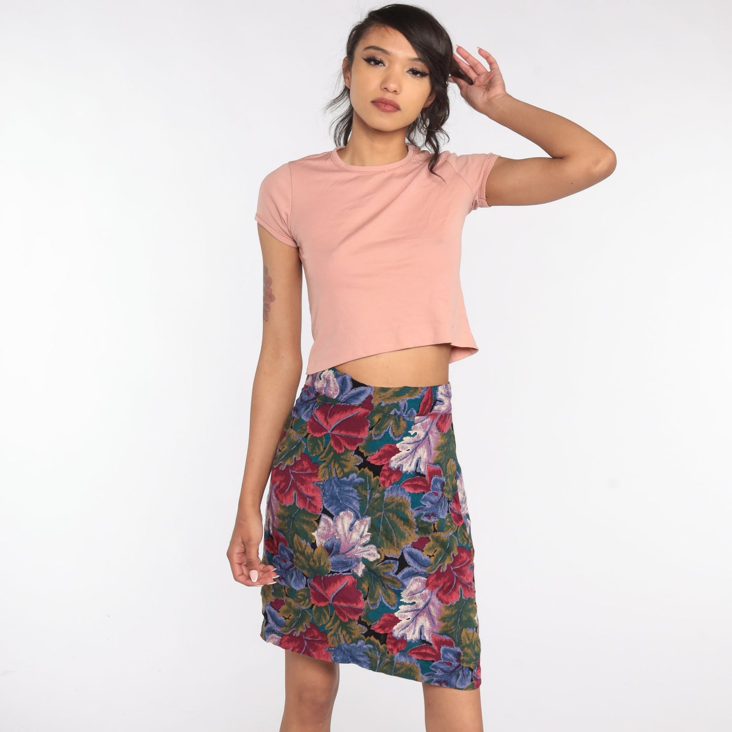 90s Leaf Print Mini Pencil Skirt High Waisted Small S